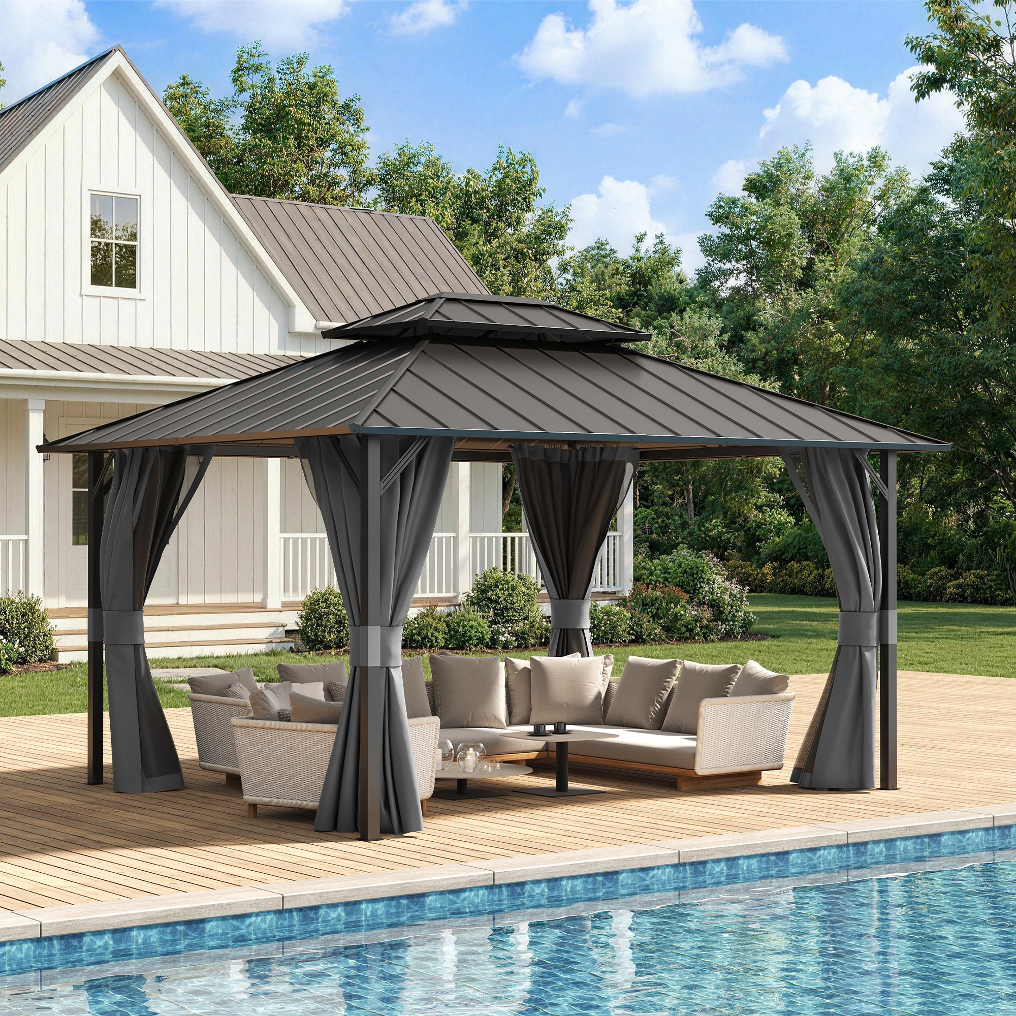 UDPATIO 12'x14' Hardtop Gazebo, Permanent Patio Pavilion with Breathable Netting and Privacy Curtain for Dining Party, Grey
