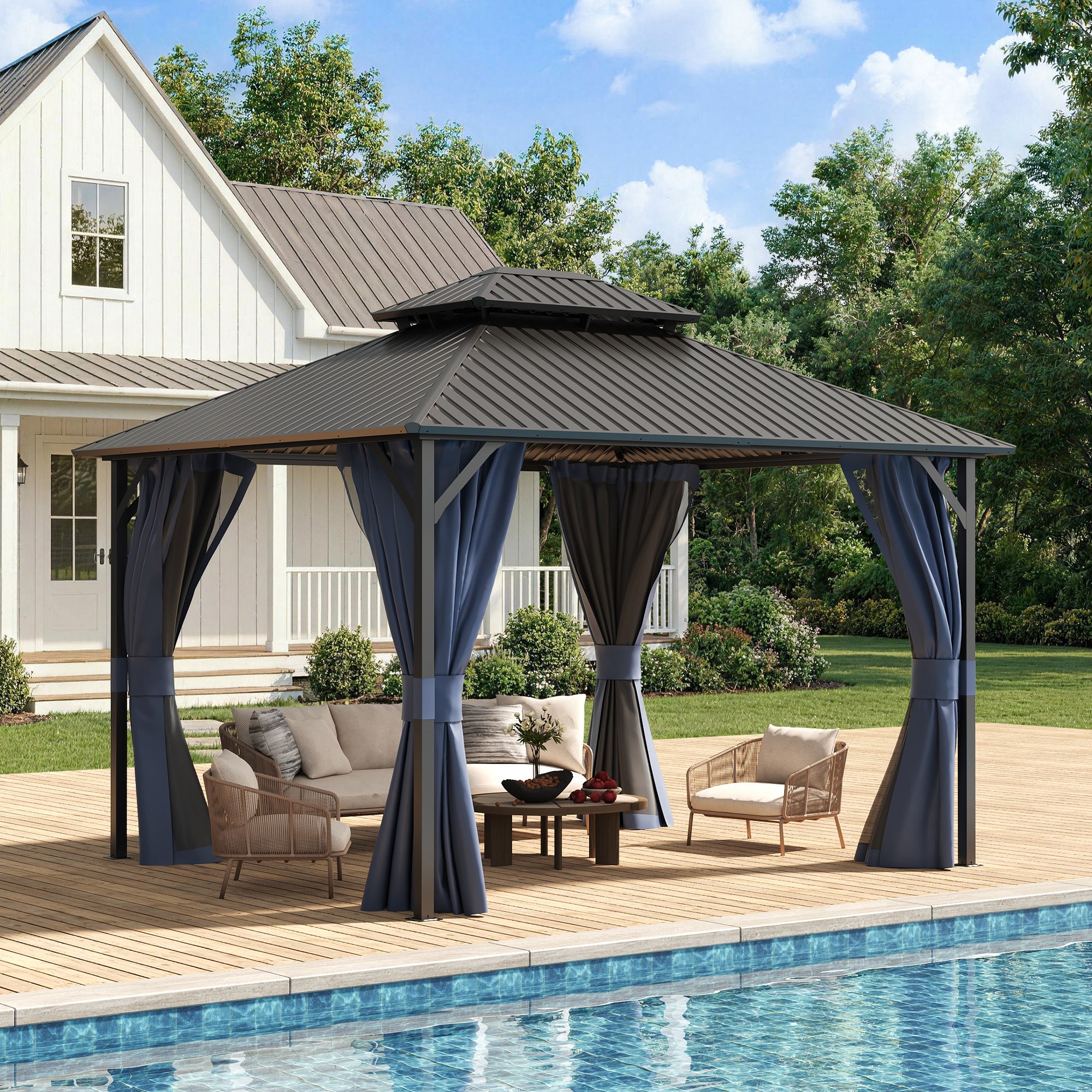 UDPATIO 10'x12' Hardtop Gazebo, Metal Gazebo with Galvanized Steel Double Roof, Permanent Patio Pavilion for Dining Parties, Navy Blue