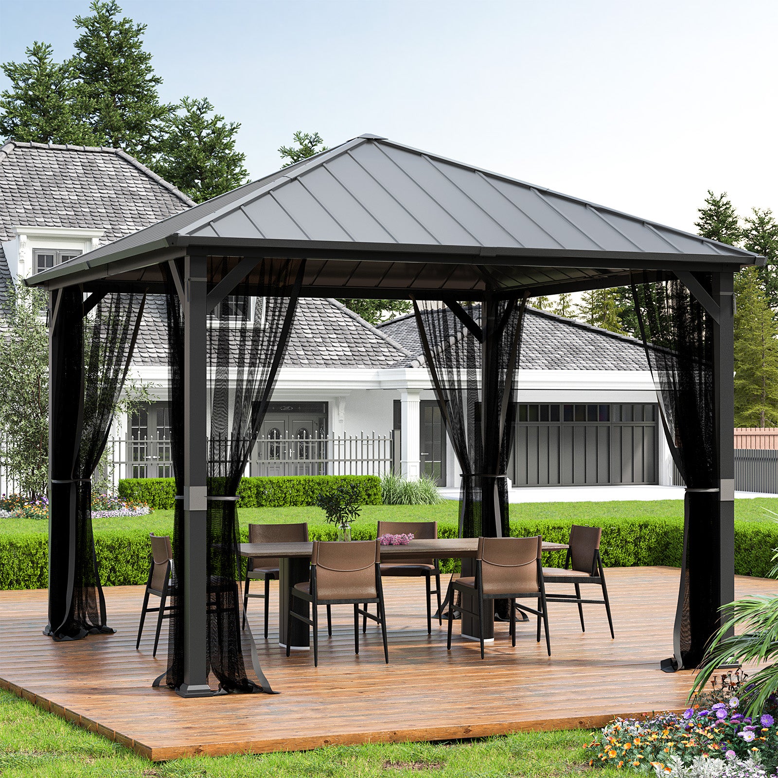 UDPATIO 10' x 10' Hardtop Gazebo, Metal Gazebo with Galvanized Steel Roof, Outdoor Permanent Pavilion with Netting for Patio, Backyard, Deck and Lawns