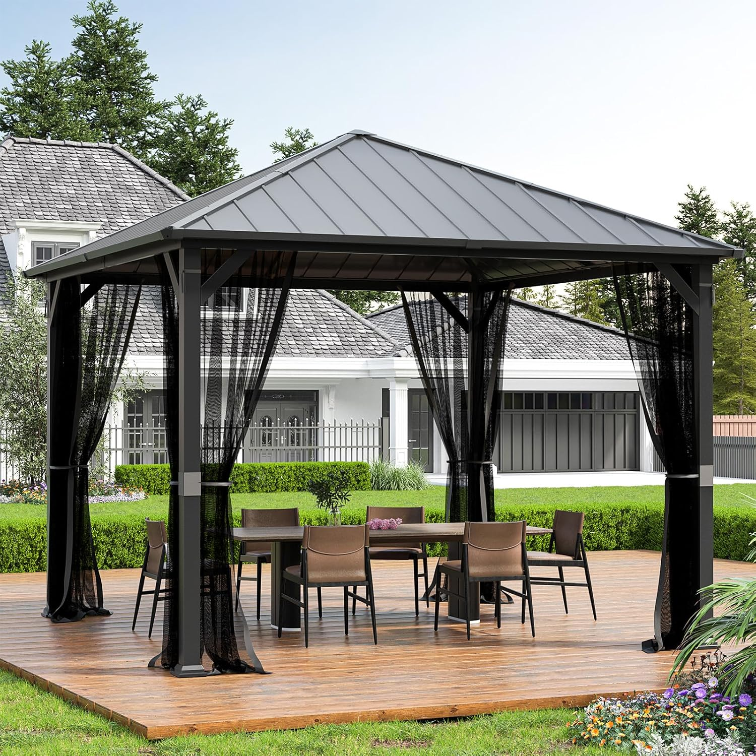 UDPATIO 10' x 10' Hardtop Gazebo,Outdoor Metal Gazebo with Galvanized Steel Roof, Permanent Pavilion with Netting for Patio, Backyard, Deck and Lawns