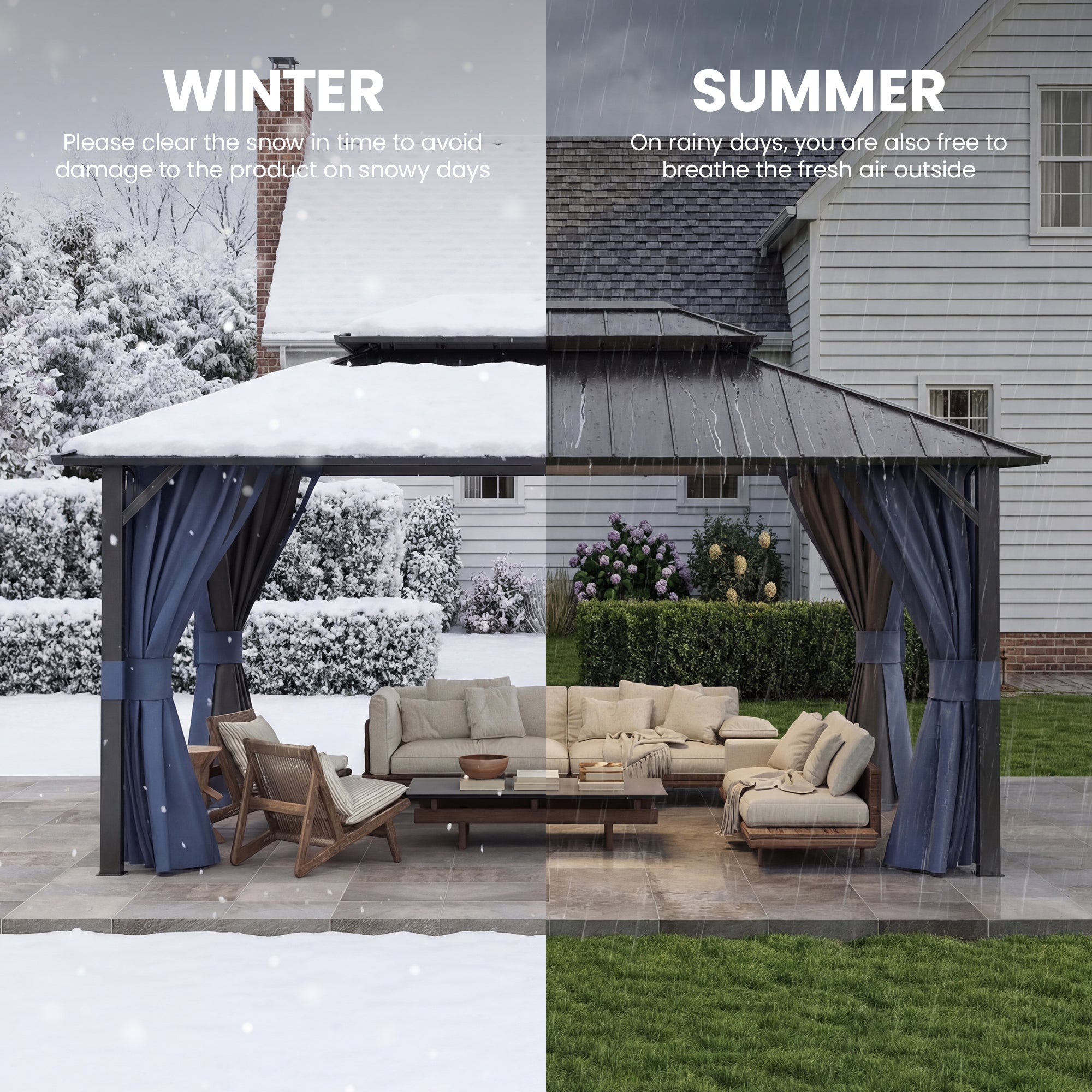 UDPATIO 12'x16' Permanent Hardtop Gazebo with Galvanized Steel Double Roof for Patio Backyard Garden, Curtains and Netting Included, Navy Bue