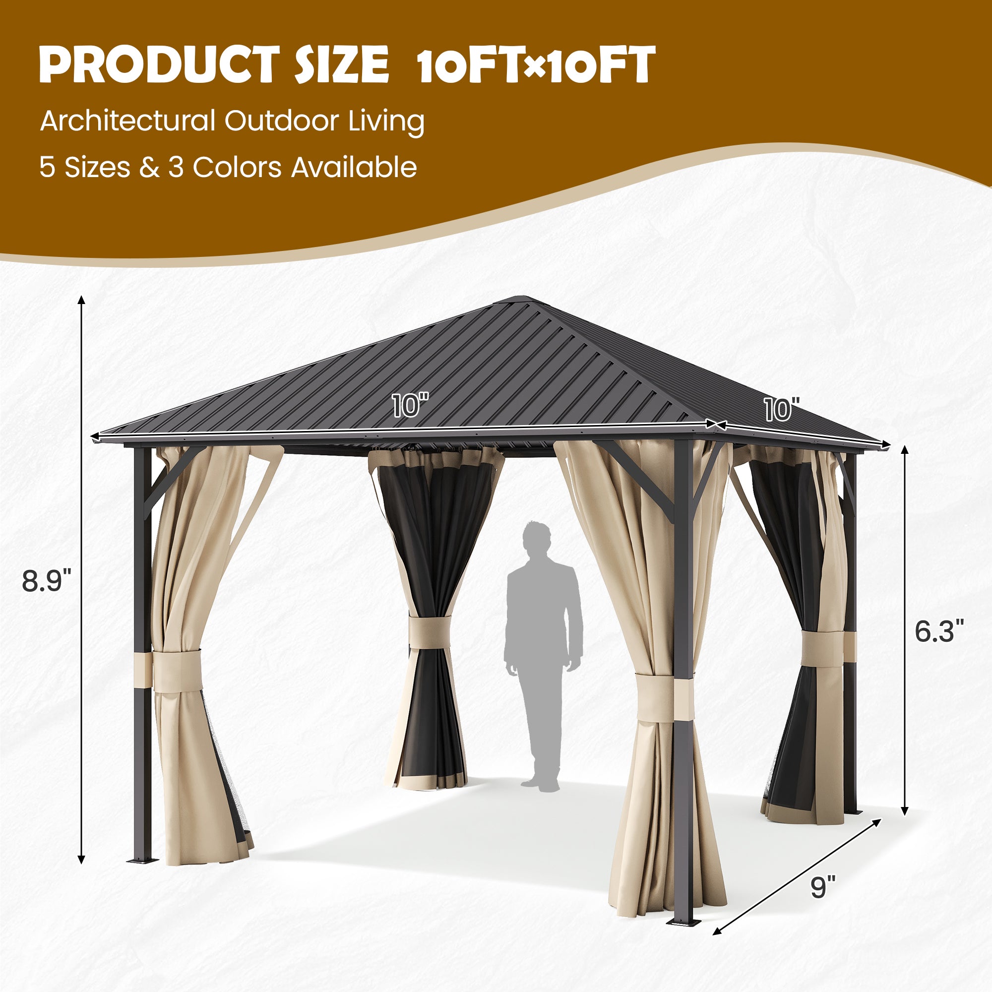 UDPATIO 10'x10' Hardtop Gazebo, Outdoor Gazebo with Galvanized Steel Roof, Weather-Resistant Patio Gazebo for Deck, Backyard, Garden, Beige
