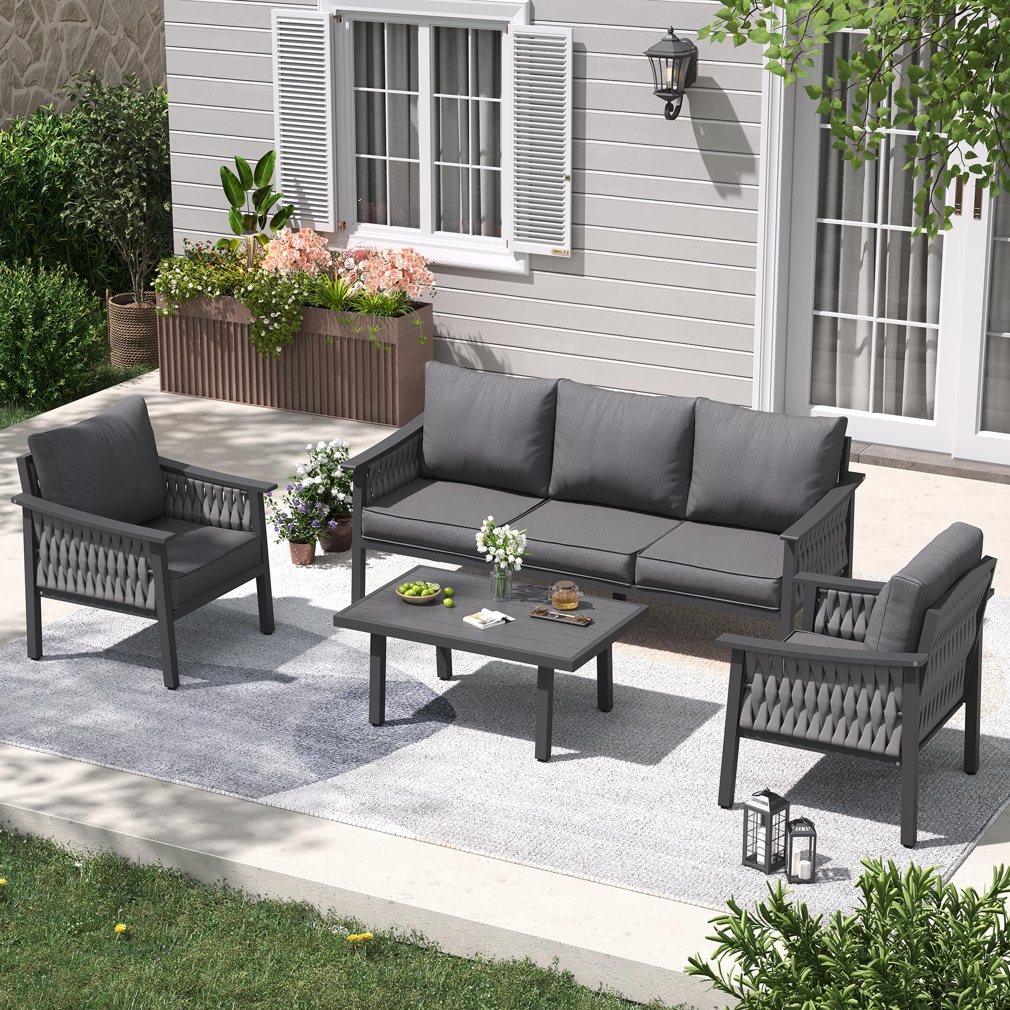 UDPATIO Aluminum Outdoor Patio Furniture Set with Coffee Table, 4-Piece Modern Patio Sectional furniture set, PE Rope Patiio Conversation Set with Thickend Cushions, for Porch/Backyard/Deck, Dark Grey
