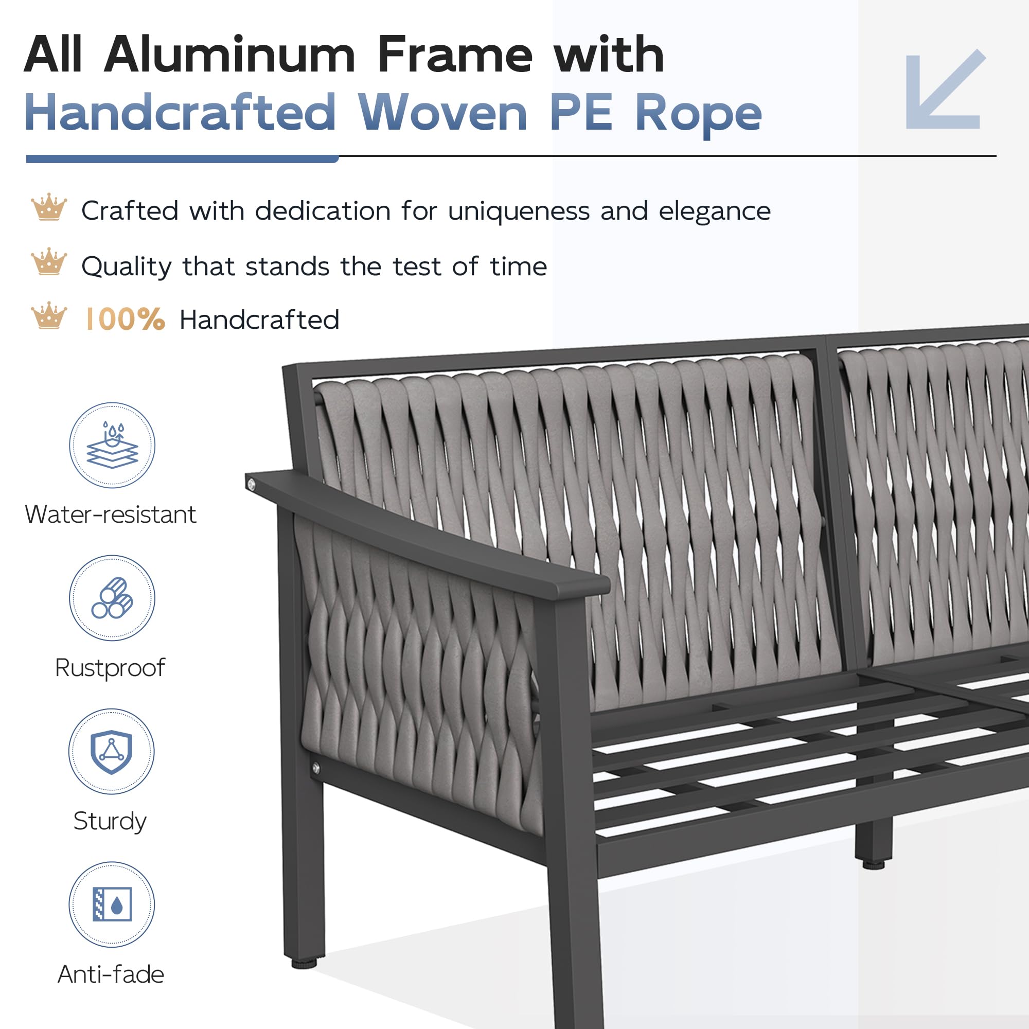 UDPATIO Aluminum Outdoor Patio Furniture Set with Coffee Table, 4-Piece Modern Patio Sectional Furniture Set, PE Rope Patiio Conversation Set with Thickend Cushions, for Porch/Backyard/Deck, Beige