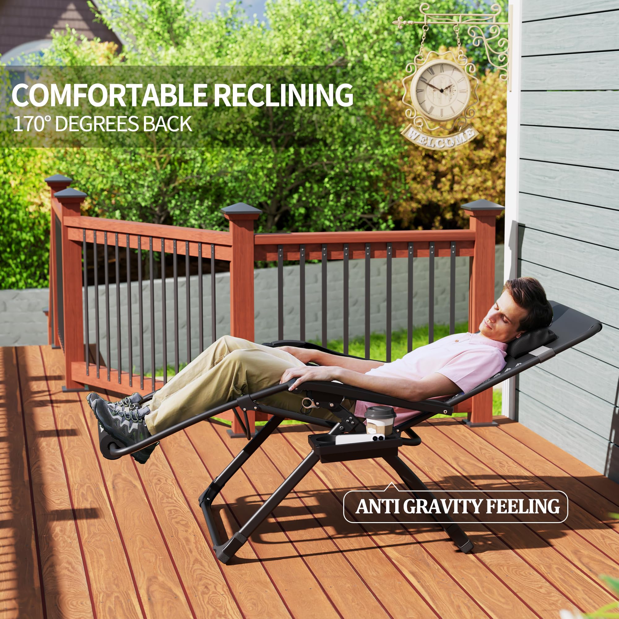UDPATIO Oversized Zero Gravity Chair 33In XXL Patio Reclining Chair with Cushion, Outdoor Folding Recliner with Pillows|Cup Holder|Foot Rest|Padded Headrest, Support 500LB