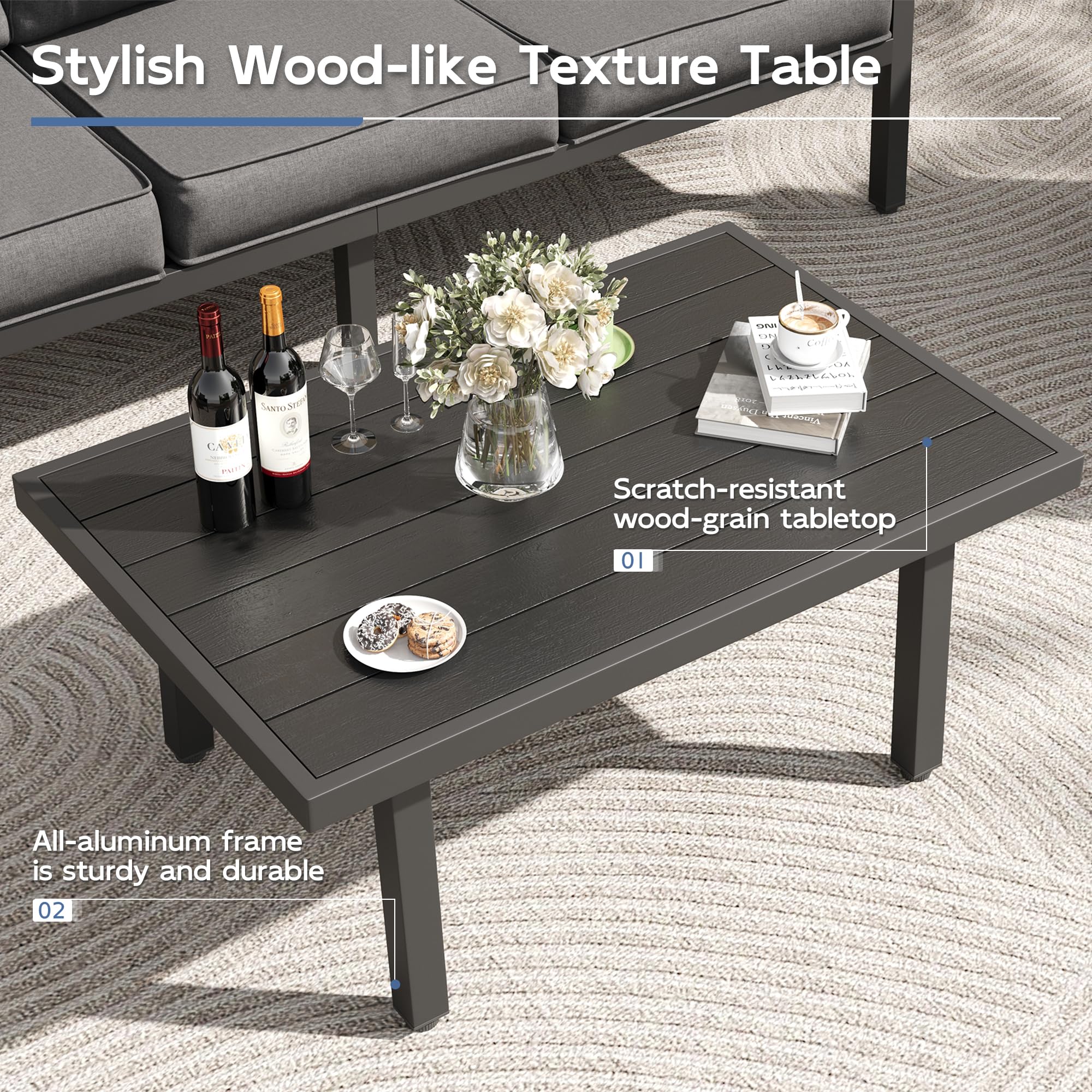 UDPATIO Aluminum Outdoor Patio Furniture Set with Coffee Table, 4-Piece Modern Patio Sectional furniture set, PE Rope Patiio Conversation Set with Thickend Cushions, for Porch/Backyard/Deck, Dark Grey