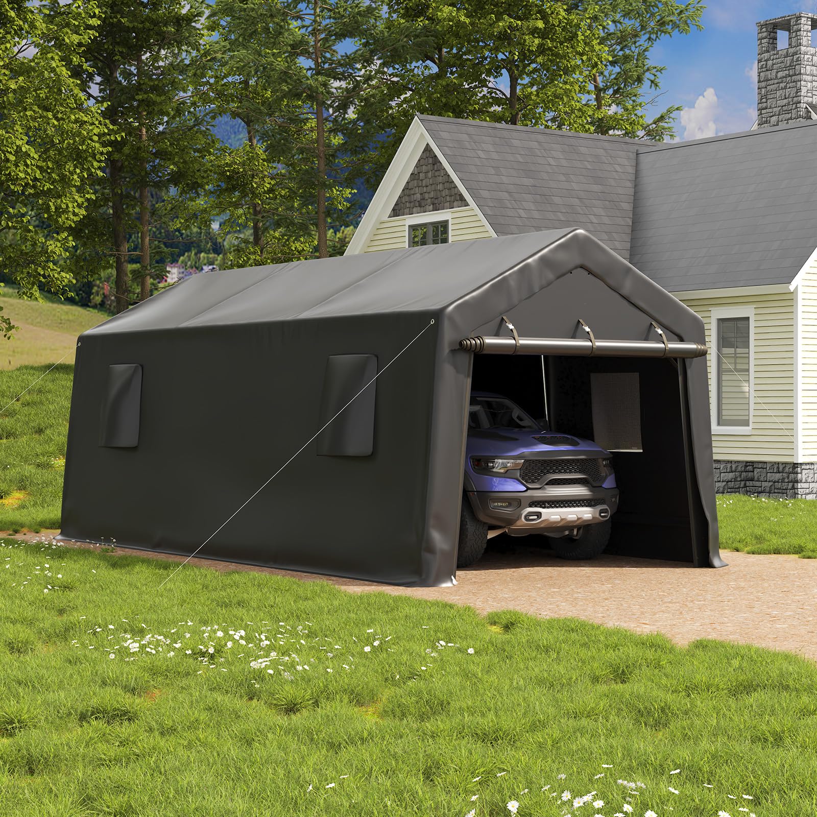 UDPATIO Carport Canopy 12x20 Heavy Duty, Peak Roof Portable Garage Waterproof Anti-Snow UV-Resistant Car Port with Roll-up Doors Galvanized Steel Tube Frame Storage for Vehicle Truck Boat, Black