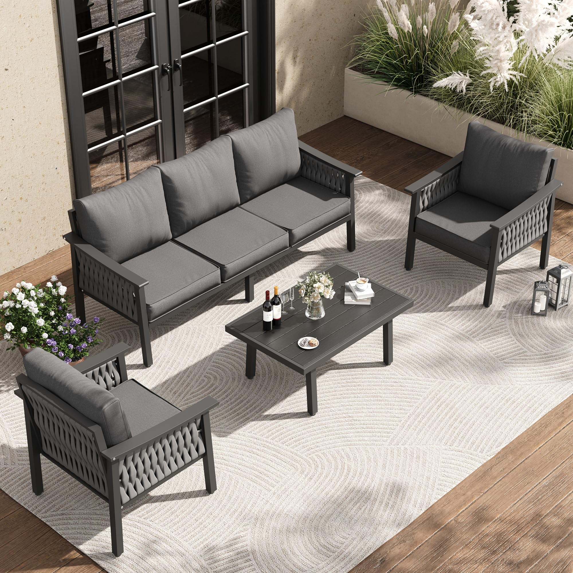 UDPATIO Aluminum Outdoor Patio Furniture Set with Coffee Table, 4-Piece Modern Patio Sectional furniture set, PE Rope Patiio Conversation Set with Thickend Cushions, for Porch/Backyard/Deck, Dark Grey