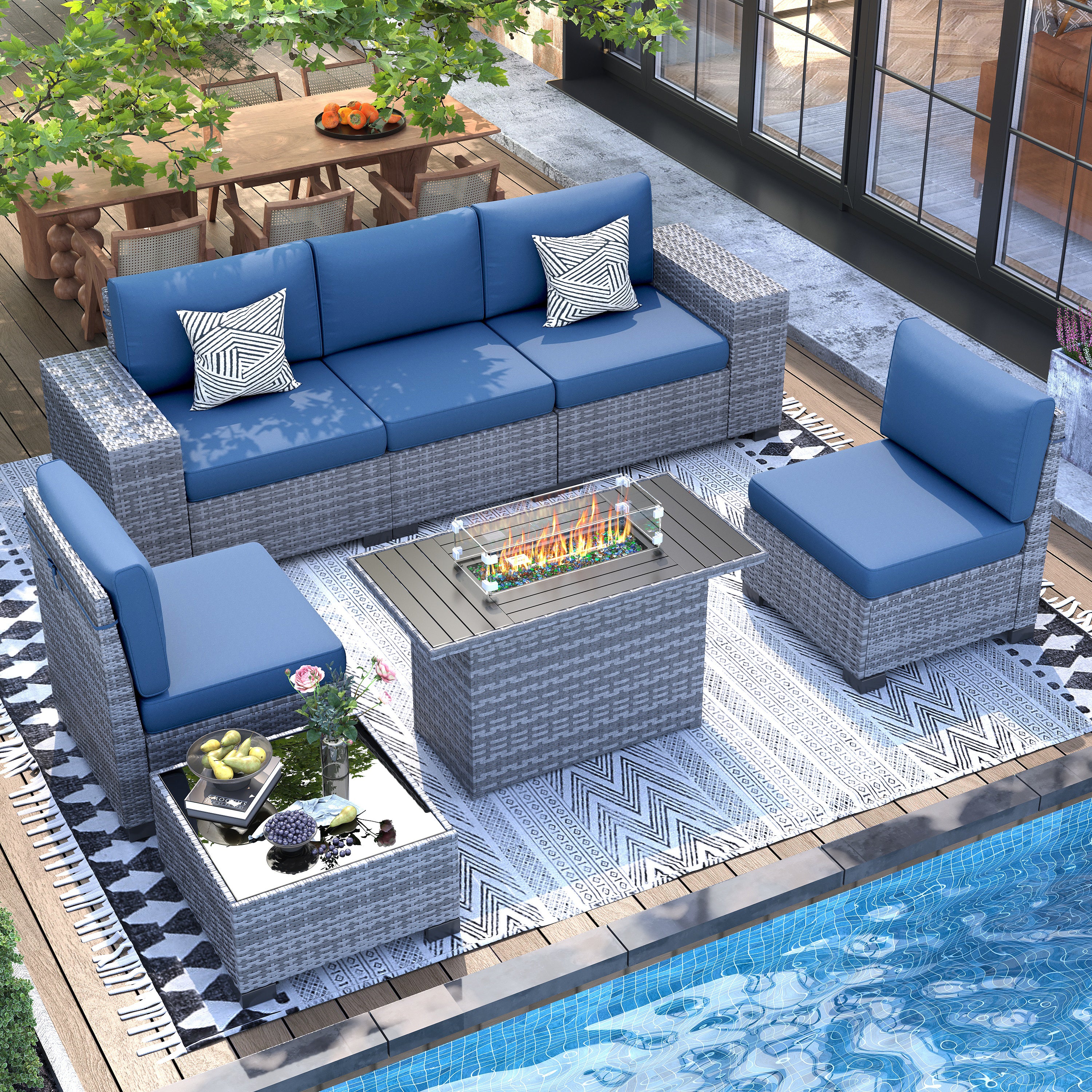 UDPATIO 7 Piece Patio Furniture Set with Fire Pit Table, 8''Wide Armrest Modular Rattan Outdoor Sectional Sofa Set,Wicker Patio Conversation Sets for Backyard,Deck w/ 4'' Cushions,Cover