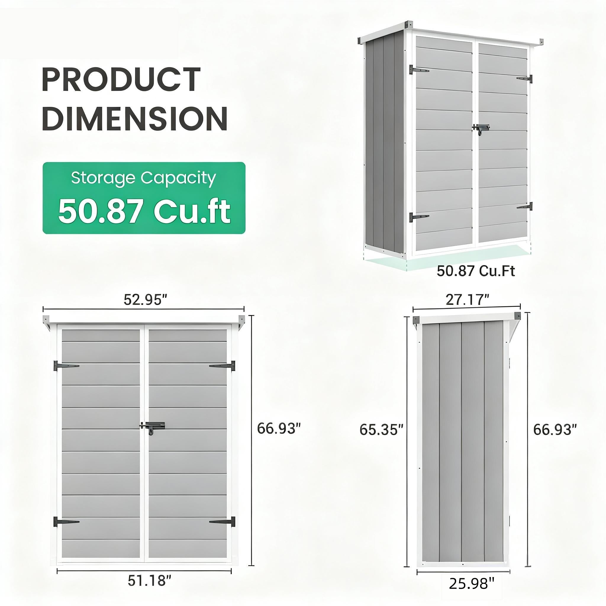 UDPATIO Vertical Storage Shed 51 Cu.ft, 3 ft x 5 ft Resin Outdoor Sheds Waterproof Plastic Storage Cabinet for Garden, Backyard, Lawn, Grey