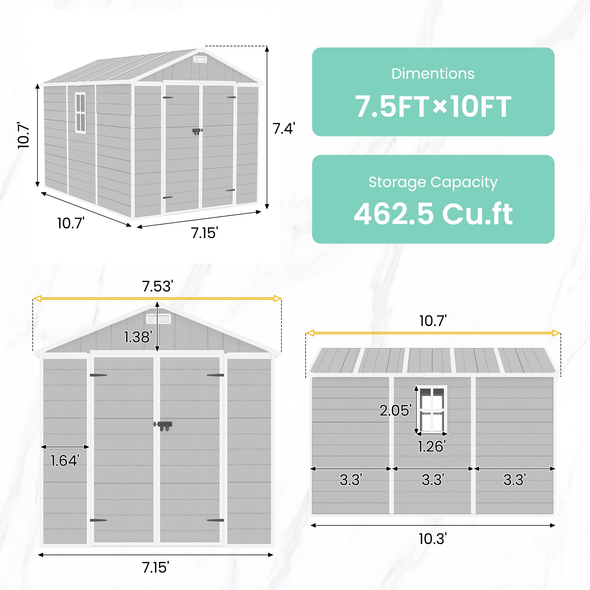 UDPATIO Resin Storage Shed 7.5x10.7 FT, Outdor Plastic Shed for Garden Tools Pool Equipment, Outside Sheds with Lockable Door for Backyard, Patio, Lawn, Grey & White