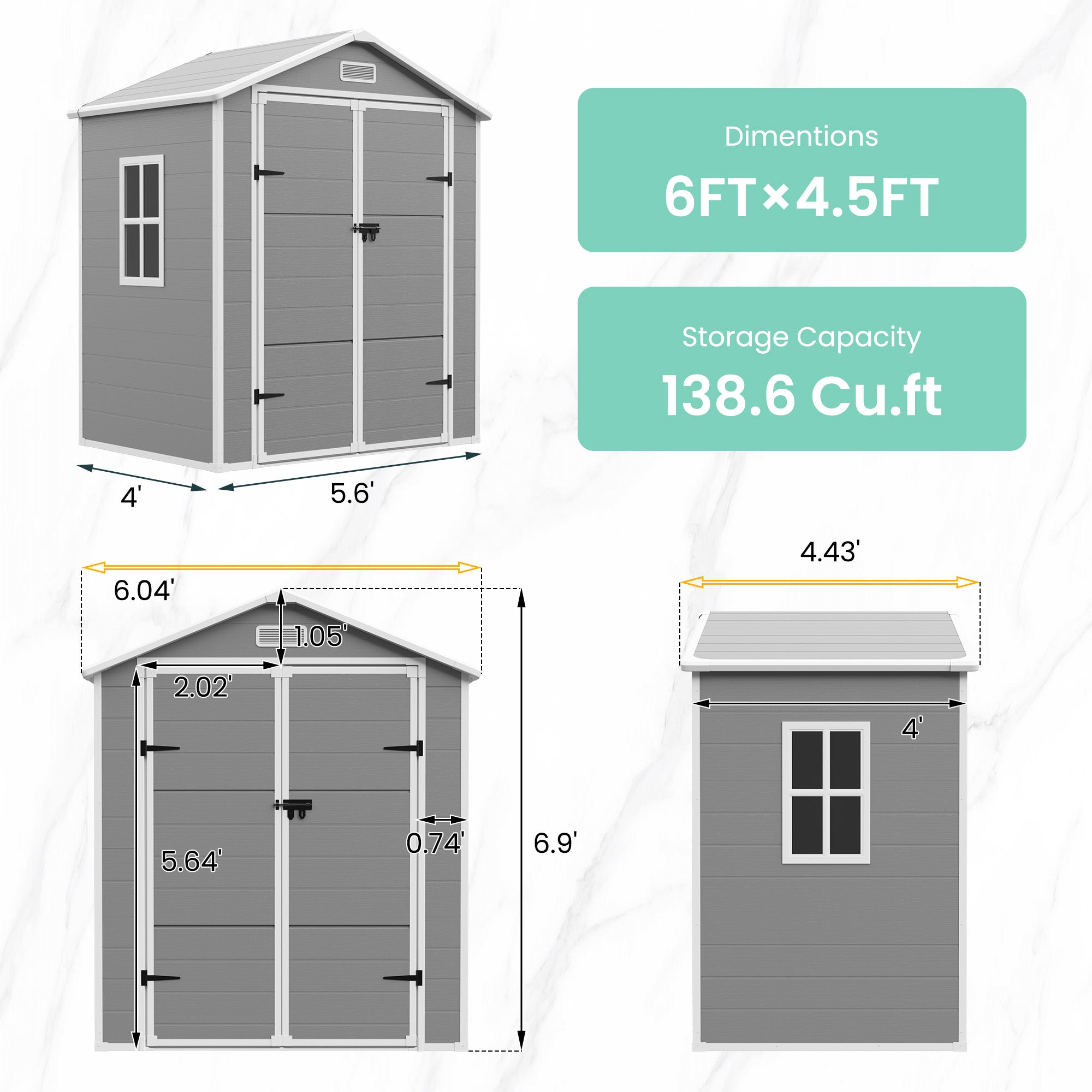 UDPATIO Outdoor Resin Storage Shed 6x4.5FT Weatherproof with Floor, Grey