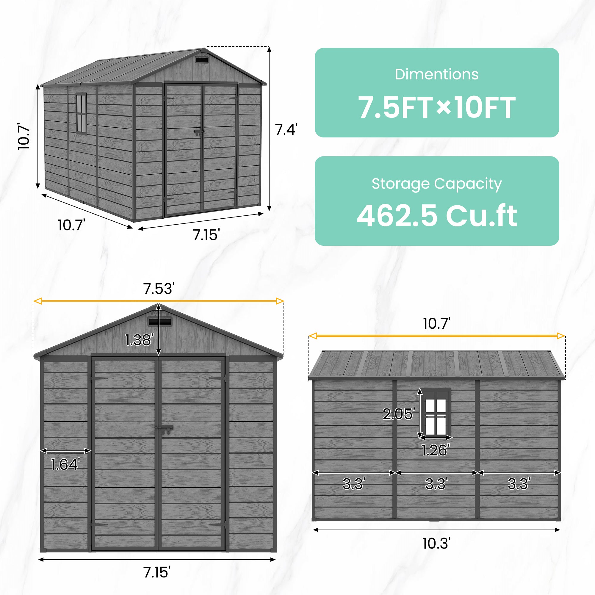 UDPATIO Outdoor Shed 7.5x10.7 FT, Plastic Storage Shed for Bike, Garbage Can, Tool, Outside Sheds & Resin Shed with Lockable Door for Backyard, Patio, Lawn, Dark Grey