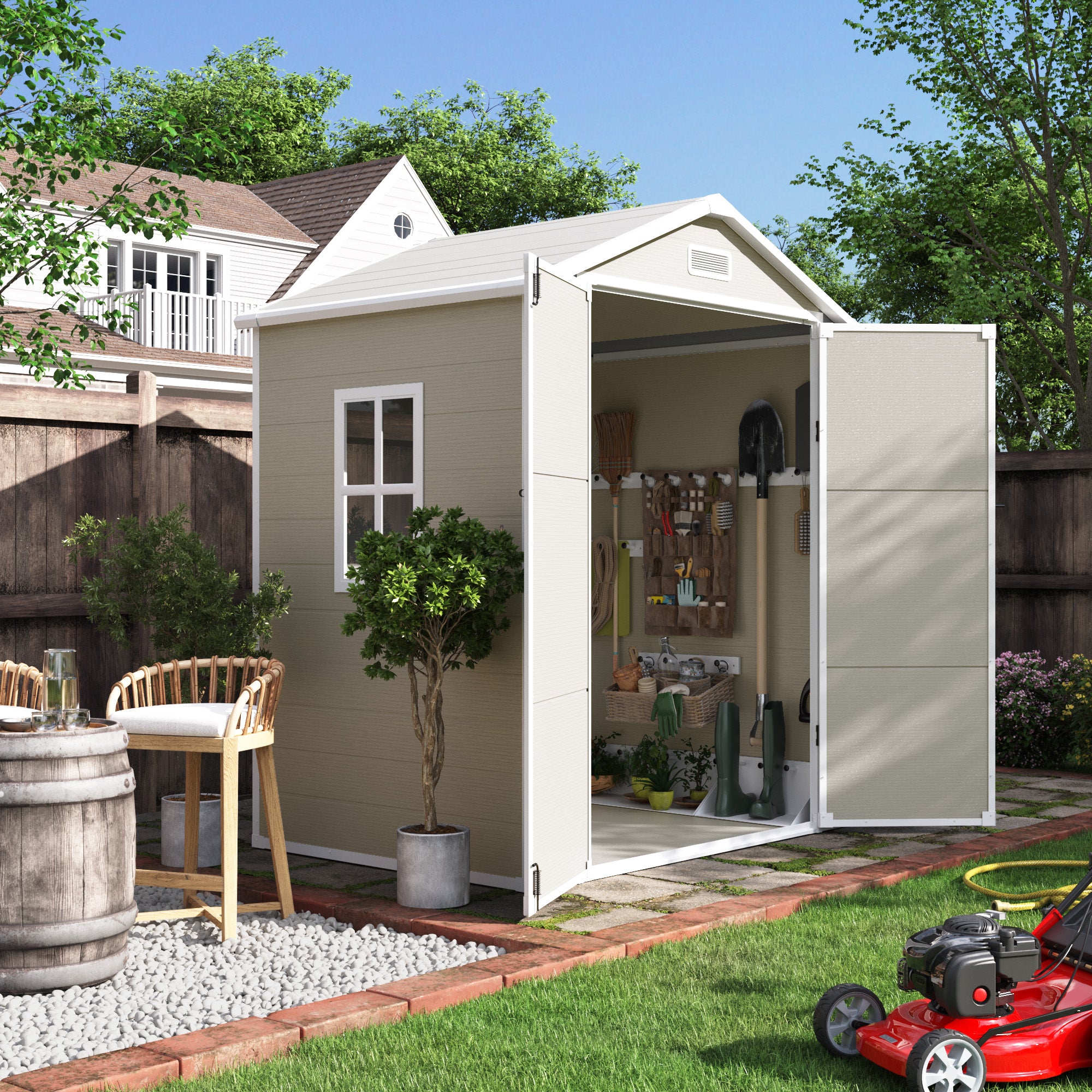 UDPATIO Outdoor Storage Shed 6x4.5 FT, Plastic Sheds & Resin Outside Storage for Trash Can, Bike, Lawnmower, Generator, Tool Shed with Lockable Door for Backyard, Lawn, Patio, Sandstone