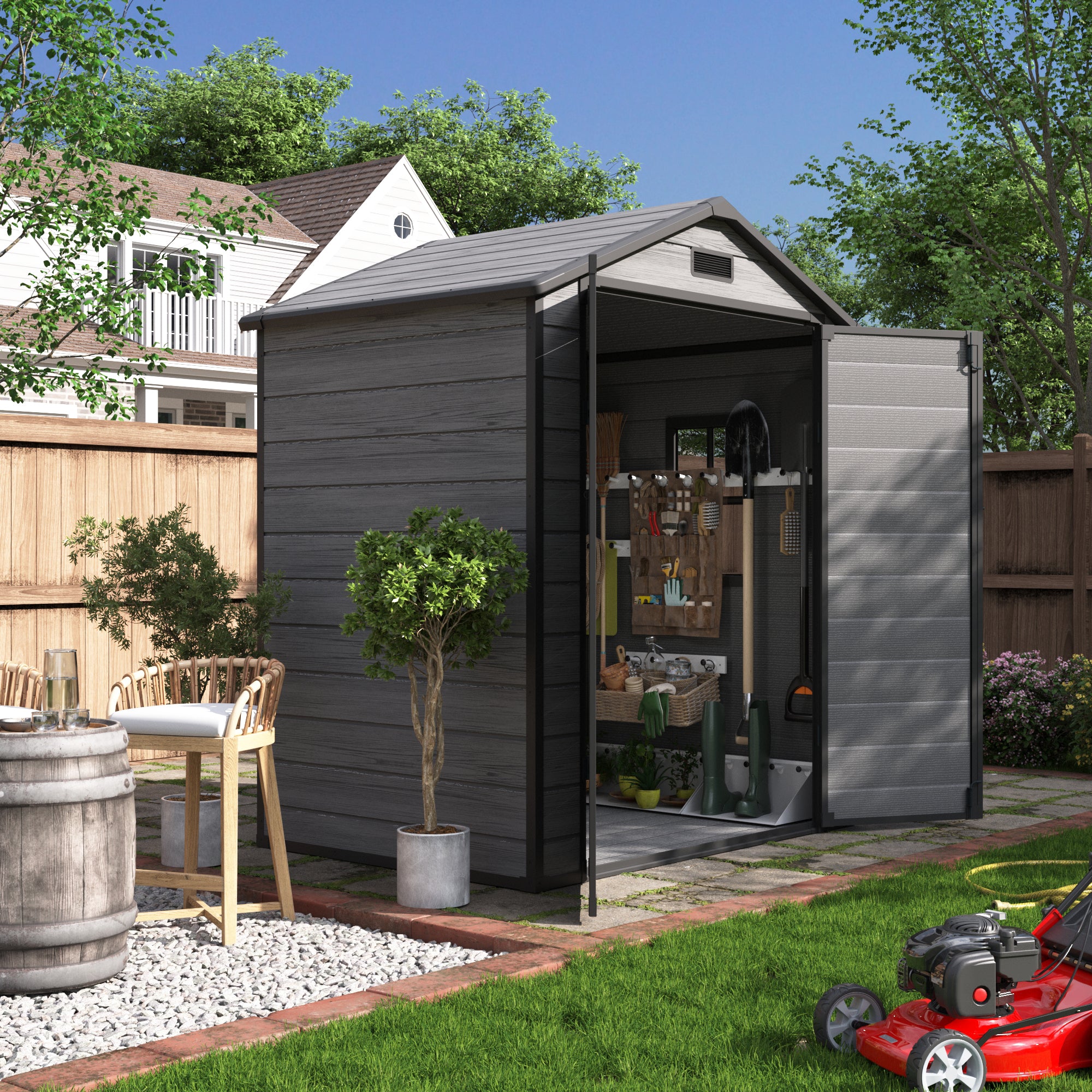 UDPATIO Outdoor Resin Storage Shed 6x4 FT, Plastic Garden Shed for Bike, Garbage Can, Tool, Outside Sheds with Lockable Door for Backyard, Patio, Lawn, Dark Grey