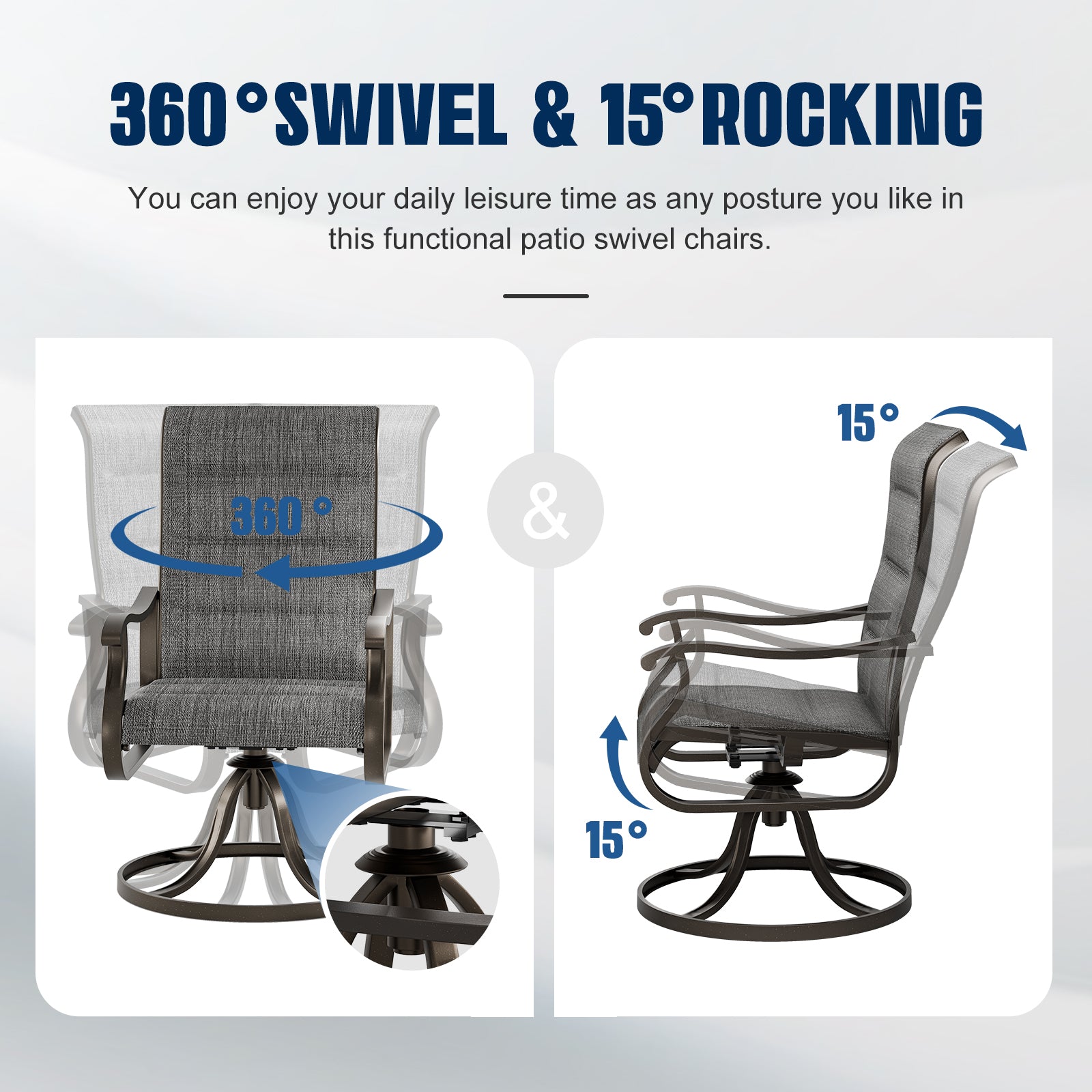 UDPATIO Patio Swivel Chairs Set of 2,Padded Outdoor Dining Chairs,Dark Grey