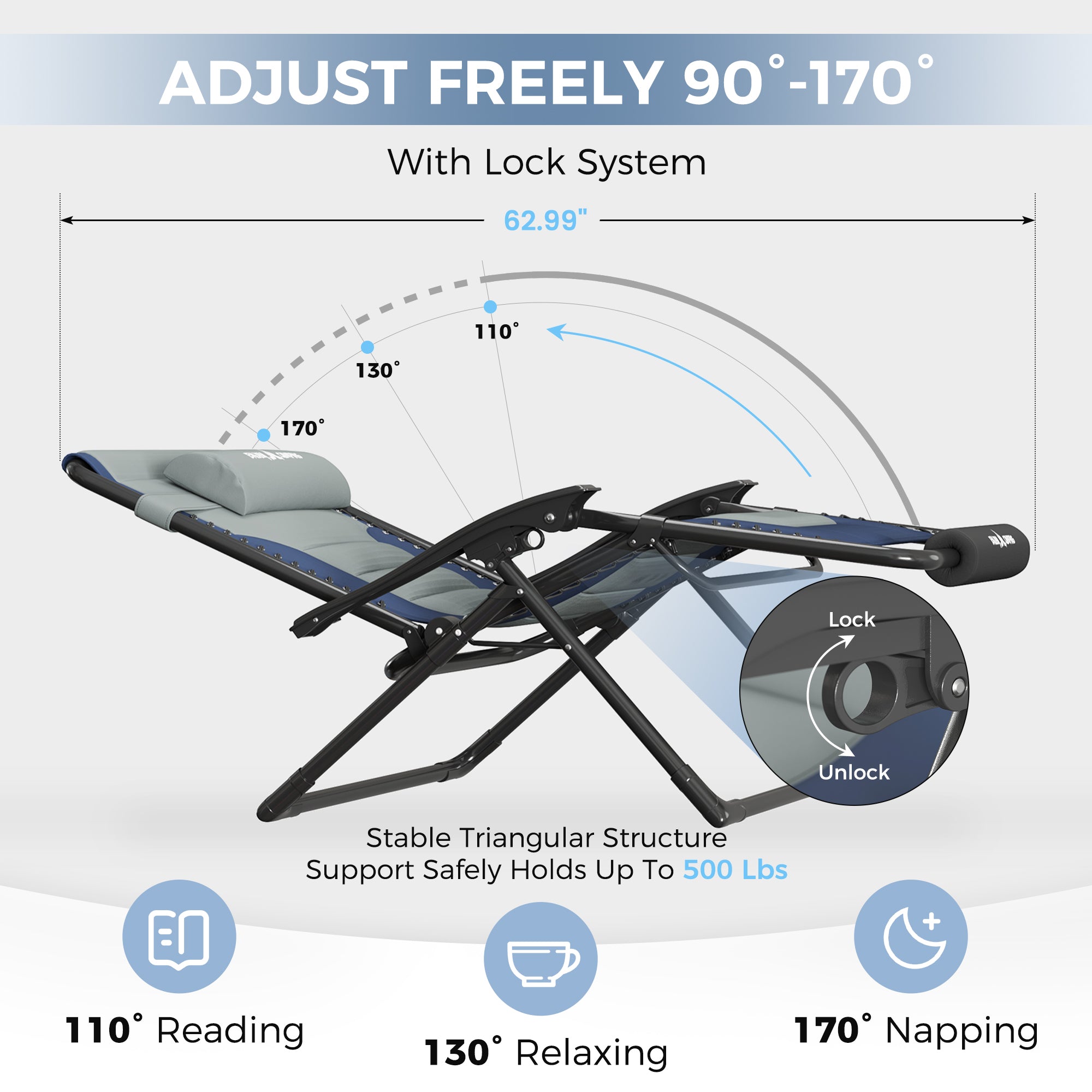 Oversized Zero Gravity Chair – Heavy Duty 500lb Capacity, Adjustable Recliner with Headrest & Footrest, Foldable Outdoor Patio Lounge Chair