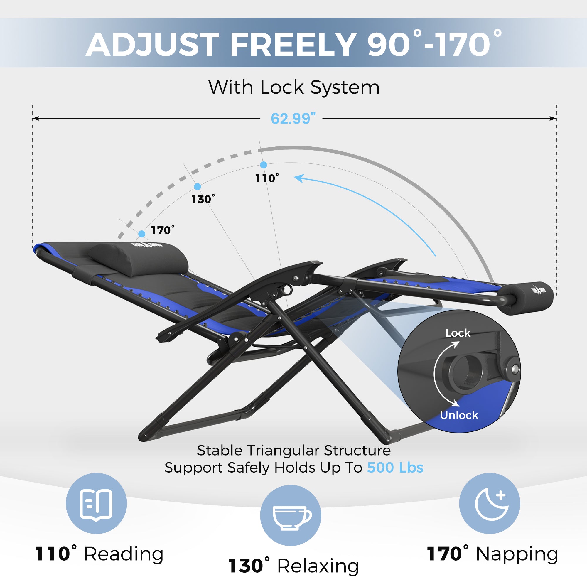 Oversized Zero Gravity Chair – Heavy Duty 500lb Capacity, Adjustable Recliner with Headrest & Footrest, Foldable Outdoor Patio Lounge Chair