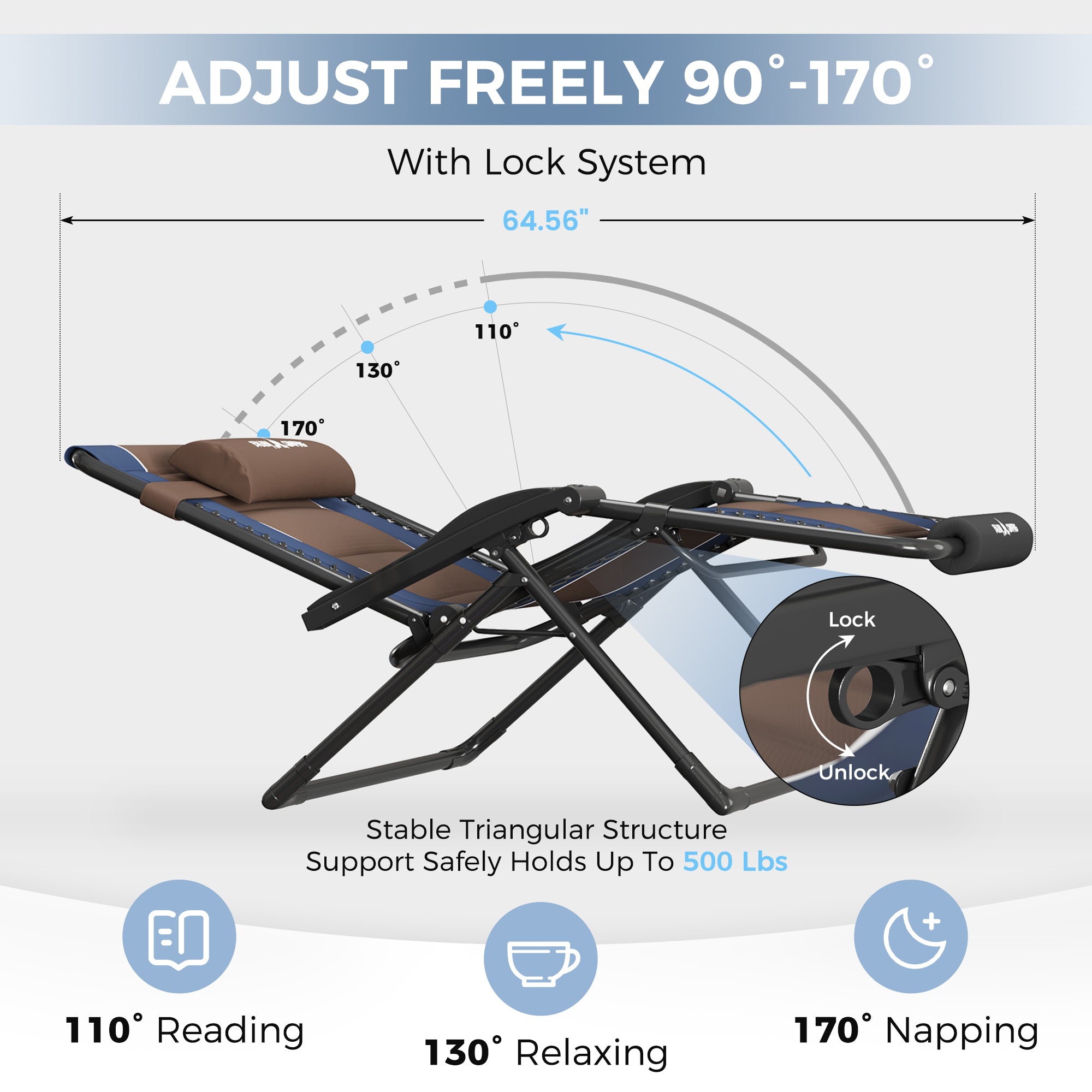 Oversized Zero Gravity Chair – Heavy Duty 500lb Capacity, Adjustable Recliner with Headrest & Footrest, Foldable Outdoor Patio Lounge Chair
