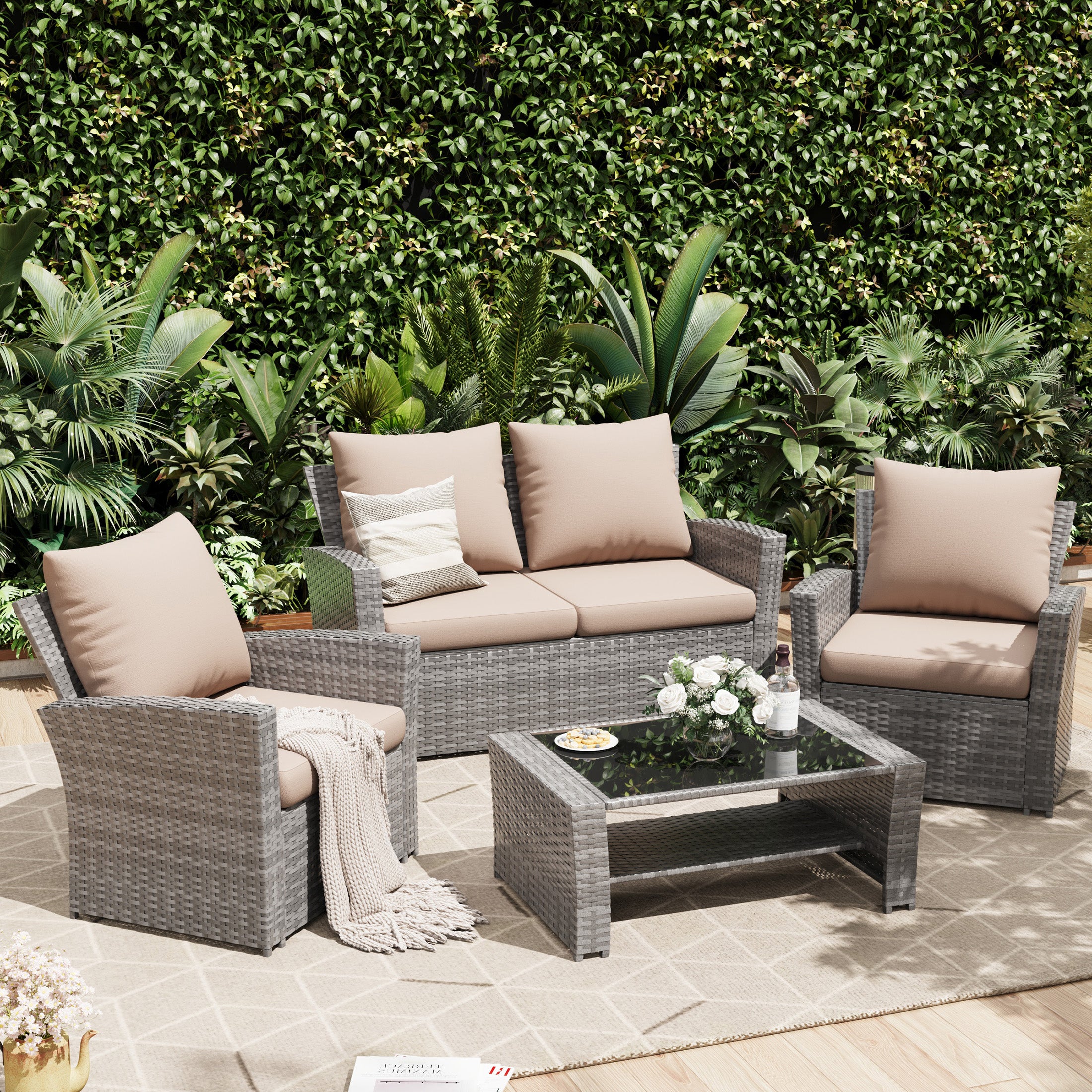 UDPATIO Wicker Patio Furniture Set, 4 Piece Outdoor Sectional Conversation Sets, Gray PE Rattan Patio Sofa Set for Balcony, Porch, Backyard, Khaki