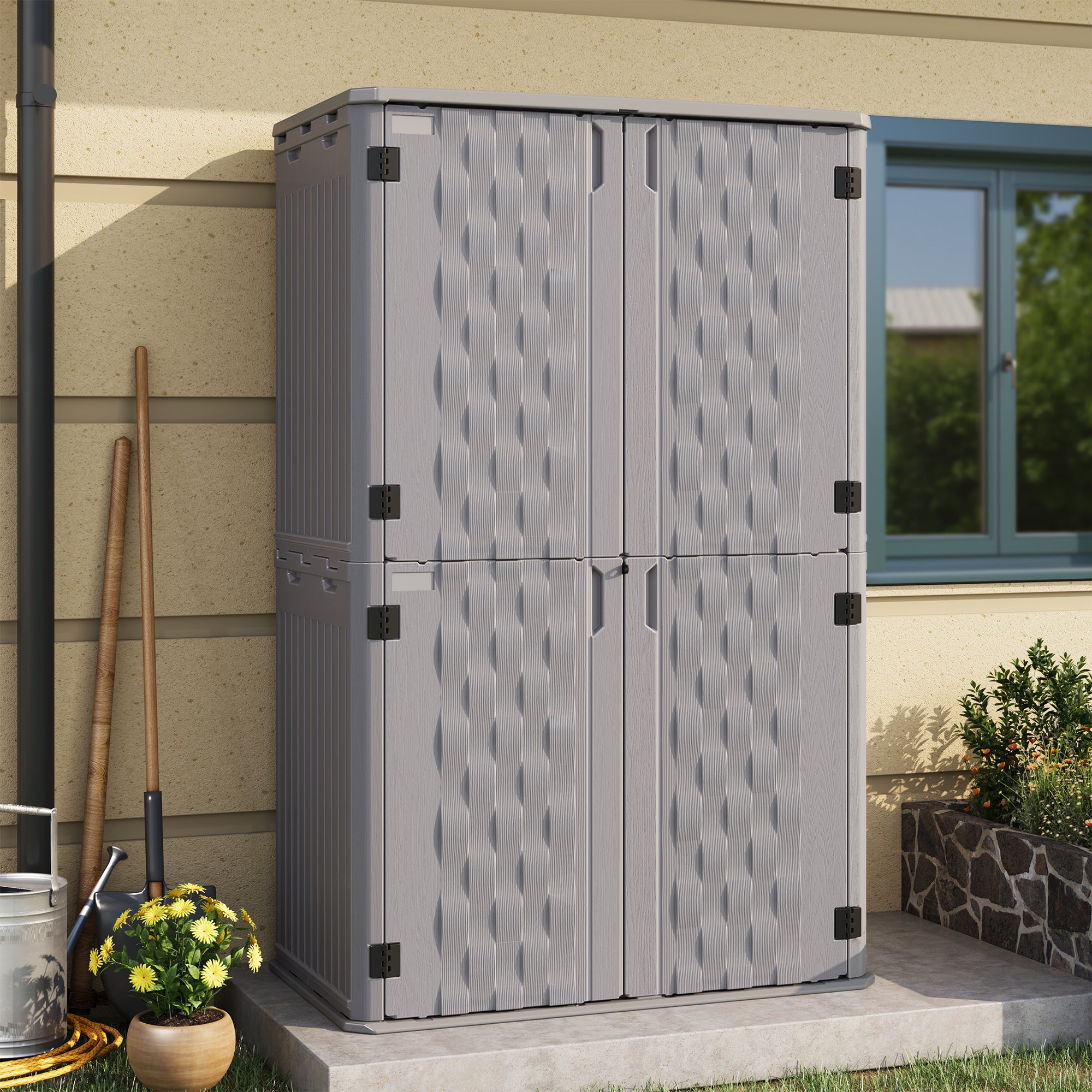 UDPATl0 67 Cu.Ft Outdoor Storage Shed, Vertical Plastic Cabinet Waterproof Sheds with Floor Included for Pool, Backyards, Garden Shed