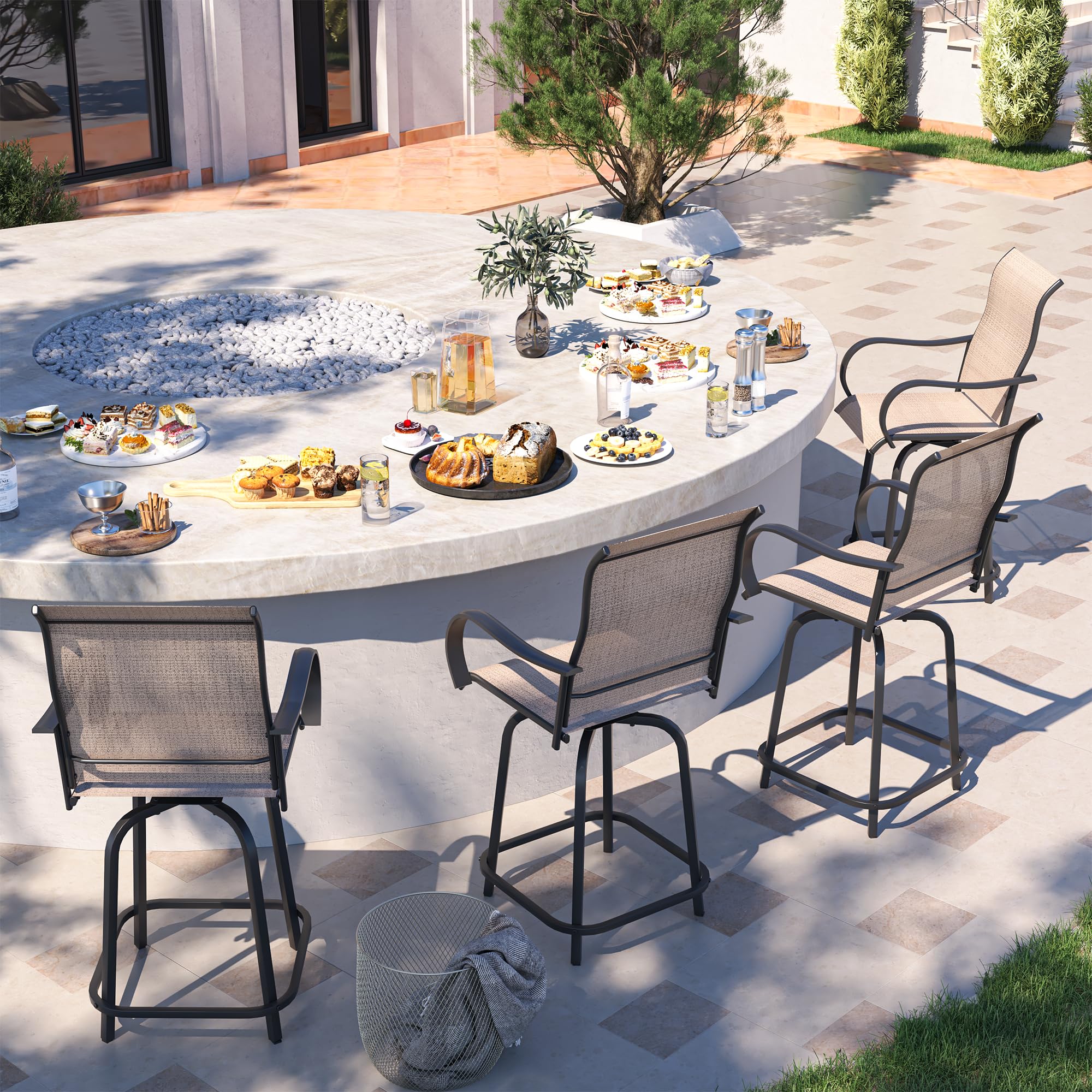 UDPATIO Outdoor Swivel Bar Stools Set of 4,Outdoor High Bistro Stools with Waterproof Textile Fabric,Armrest,Footrest,All Weather Bar Height Patio Chairs for Poolside, Garden, Backyard,Brown