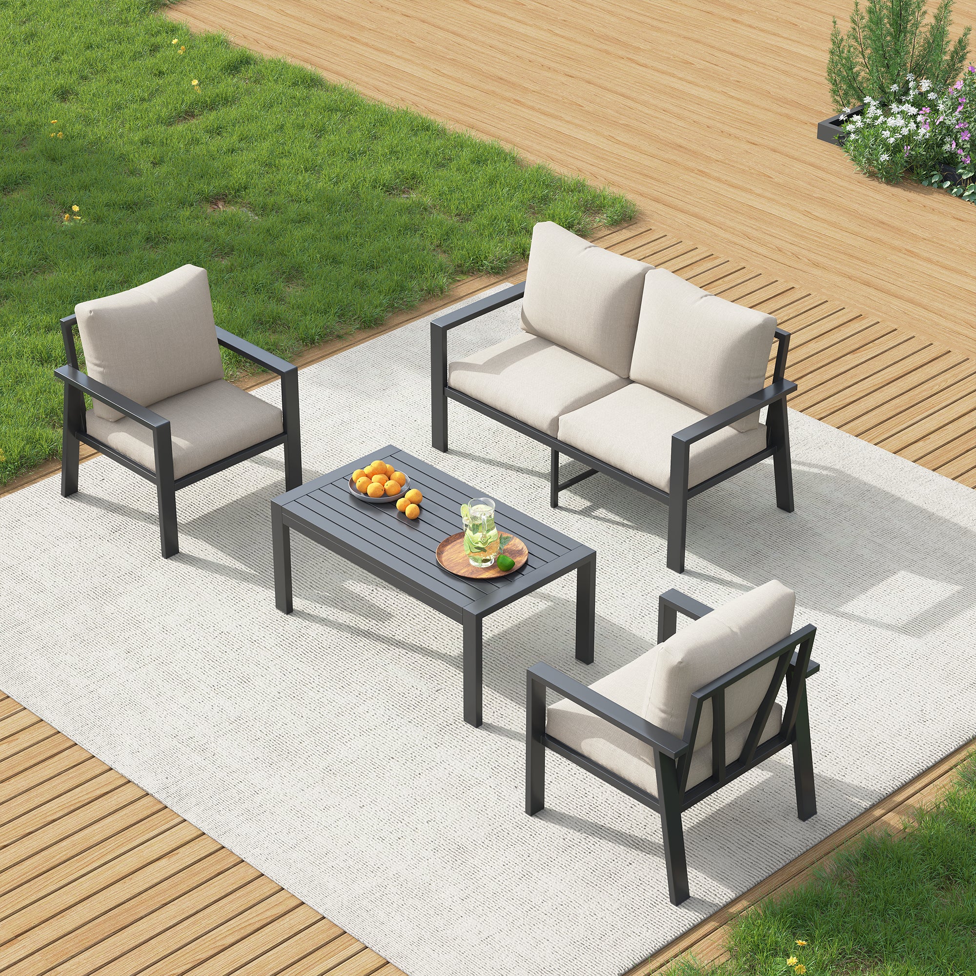 UDPATIO Aluminum Patio Furniture Set, 4 Pieces Sectional Metal Conversation Sofa Modern Seating Set with Coffee Table for  Outdoor Garden Backyard, Beige