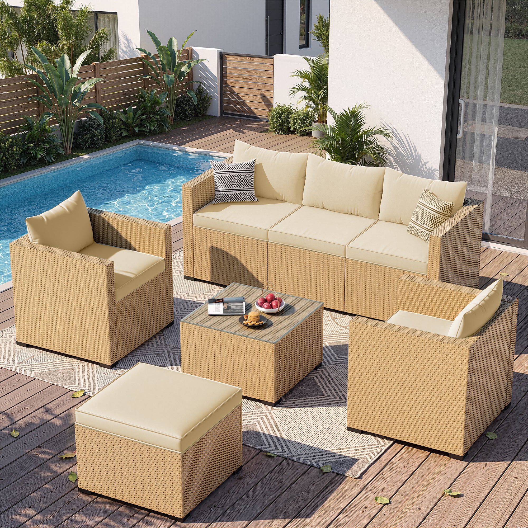 UDPATIO 7 Piece Patio Furniture Set, Outdoor Sectional Sofa, Beige