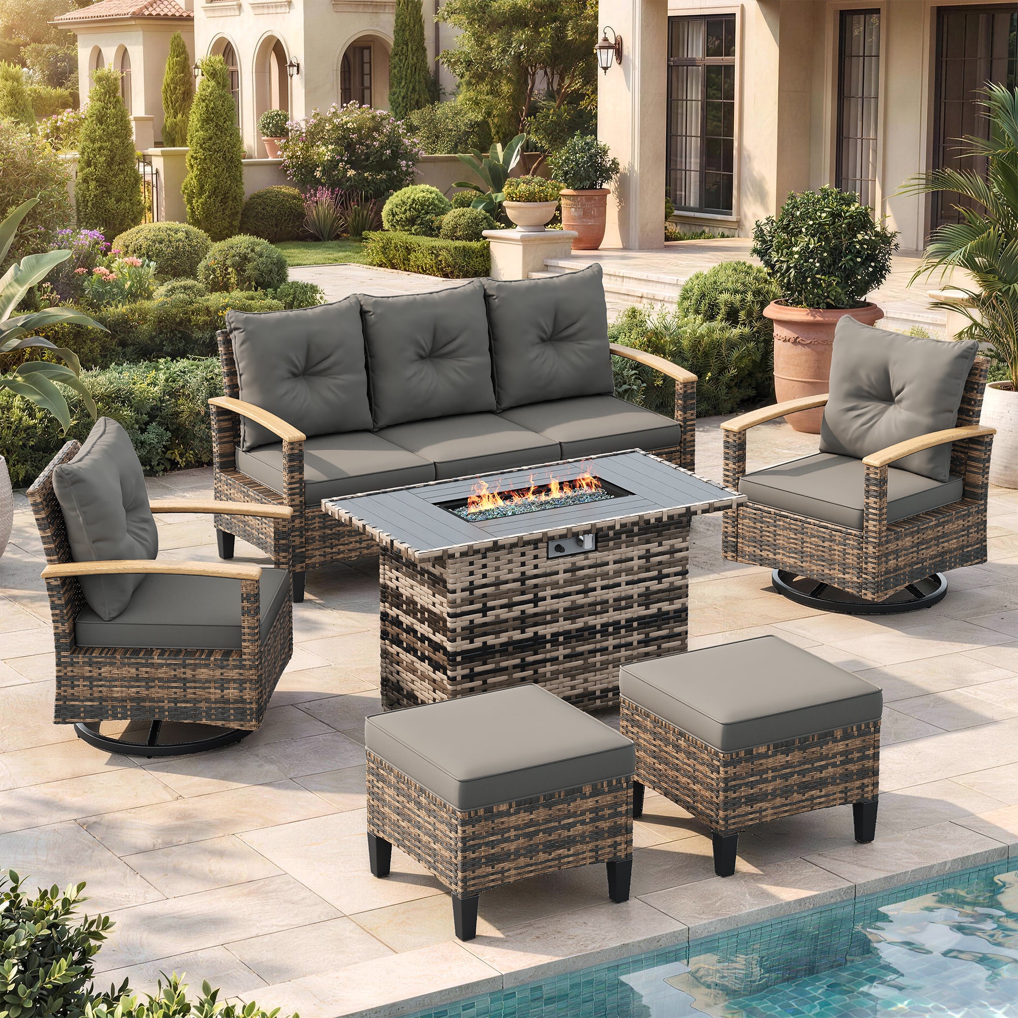 UDPATIO Patio Furniture Set with Fire Pit Table, 360° Swivel Chairs, 6 Pieces Outdoor Wicker Conversation Set for Lawn, Porch, Garden, Backyard, Grey