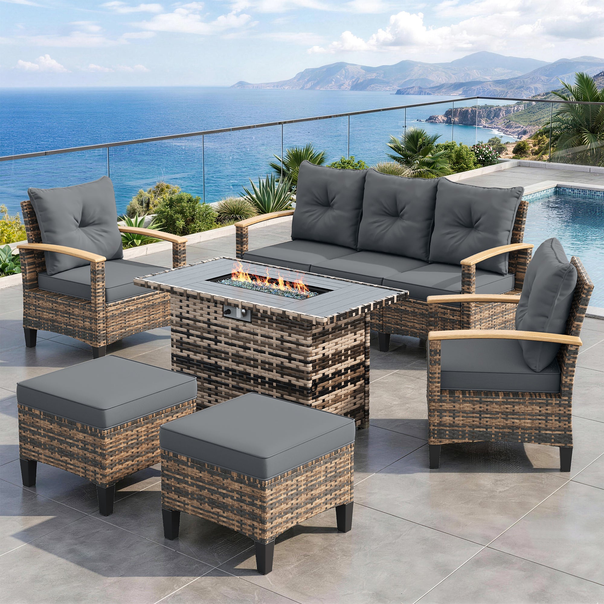 UDPATIO Patio Furniture Set with Fire Pit Table, 6 Pieces Outdoor Wicker Conversation Set for Lawn, Porch, Garden, Backyard, Grey