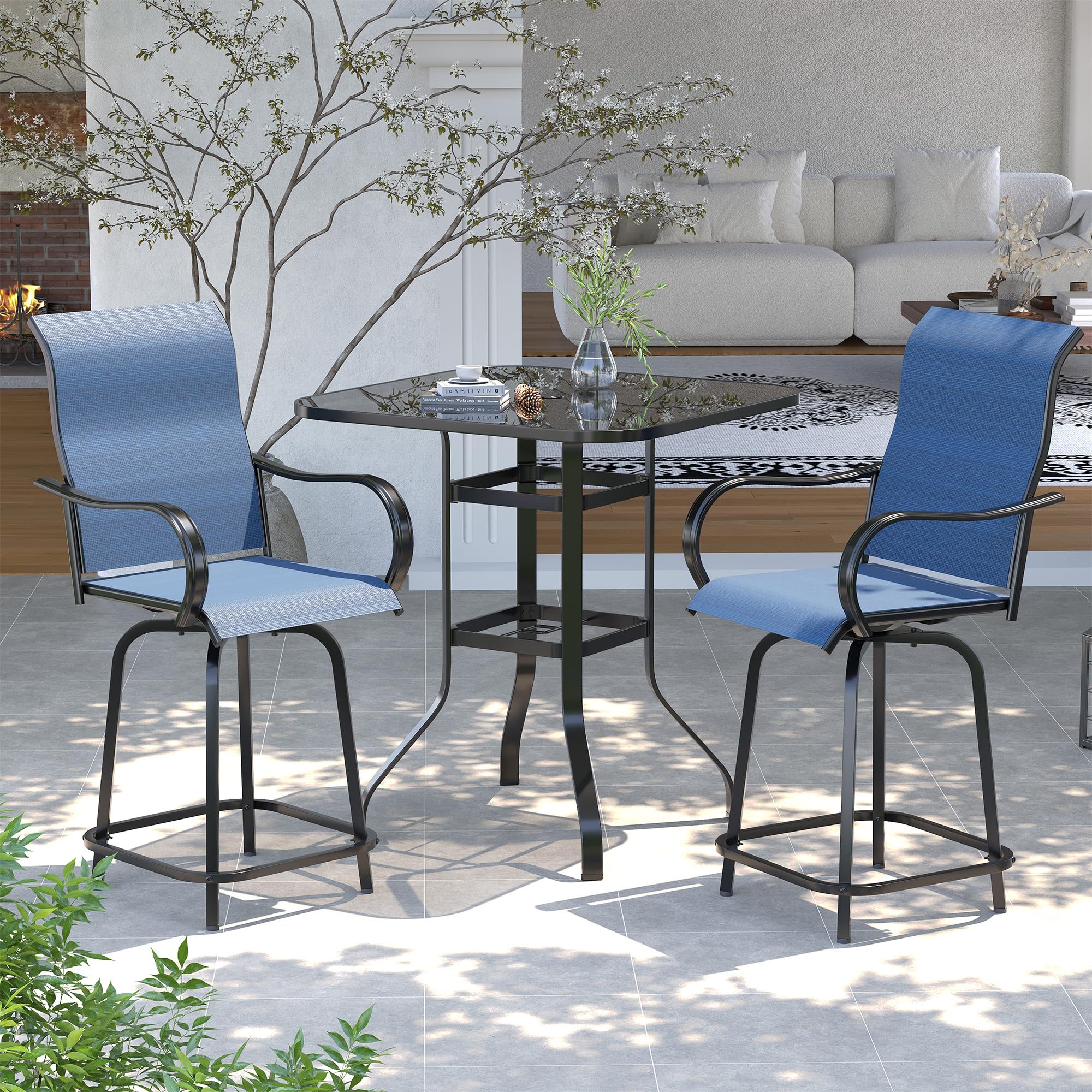UDPATIO Outdoor Swivel Bar Stools Set of 2,Outdoor High Bistro Stools with Waterproof Textile Fabric,Armrest,Footrest,All Weather Bar Height Patio Chairs for Poolside, Garden, Backyard,Blue