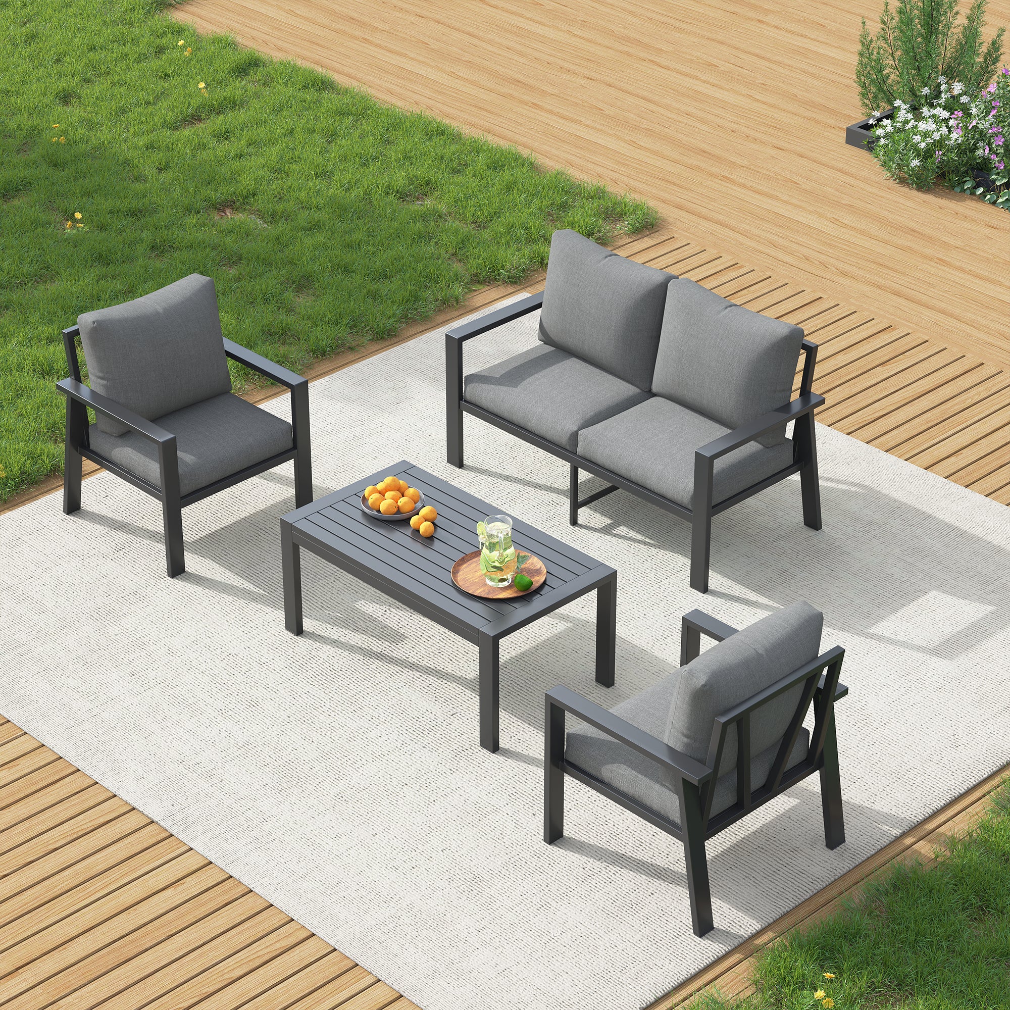 UDPATIO Aluminum Patio Furniture Set, 4 Pieces Sectional Metal Conversation Sofa Modern Seating Set with Coffee Table for Outdoor Garden Backyard, Grey