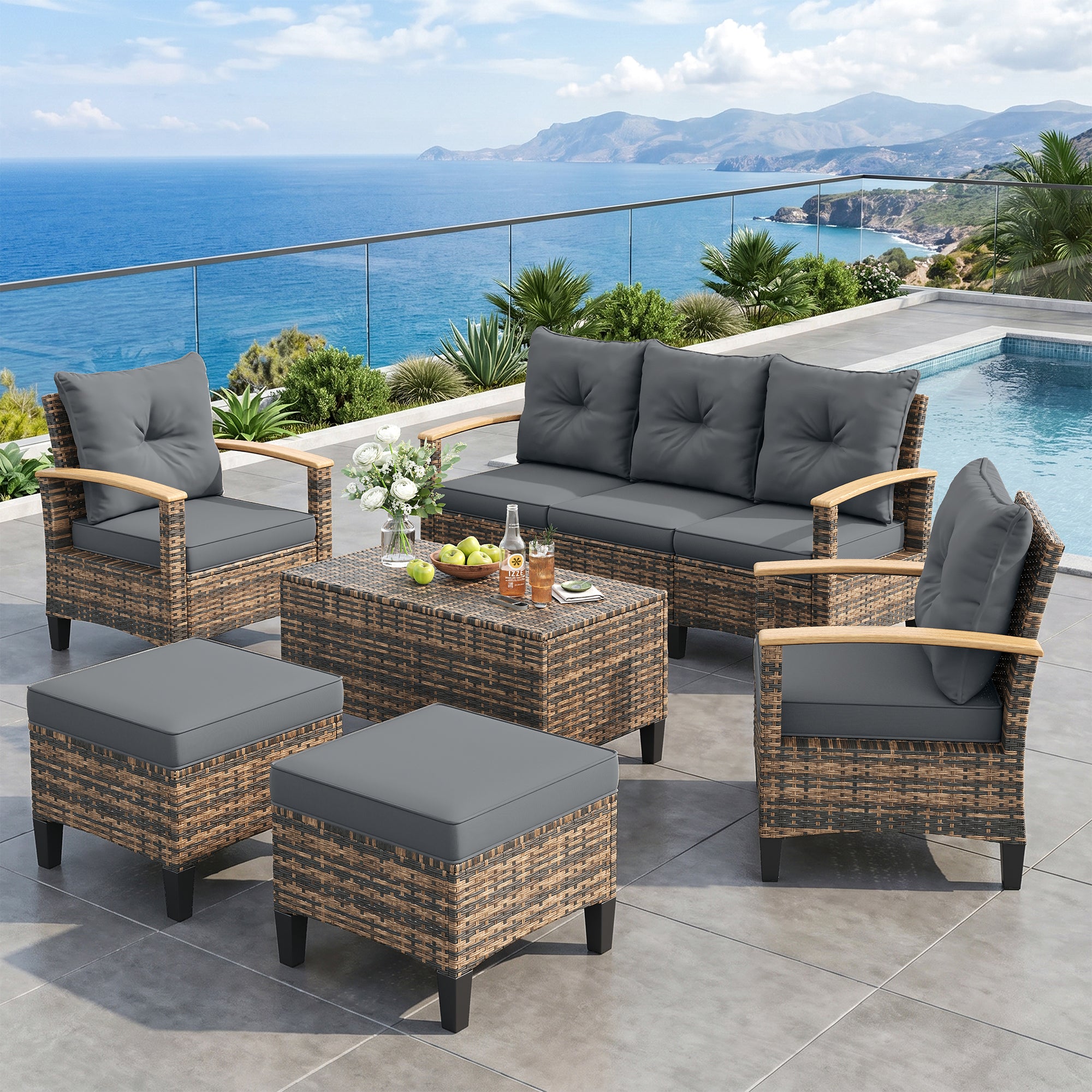 UDPATIO Patio Furniture Set, 6 Pieces Outdoor Wicker Conversation Set with 2 Ottomans & Storage Table for Lawn, Porch, Garden, Backyard, Grey