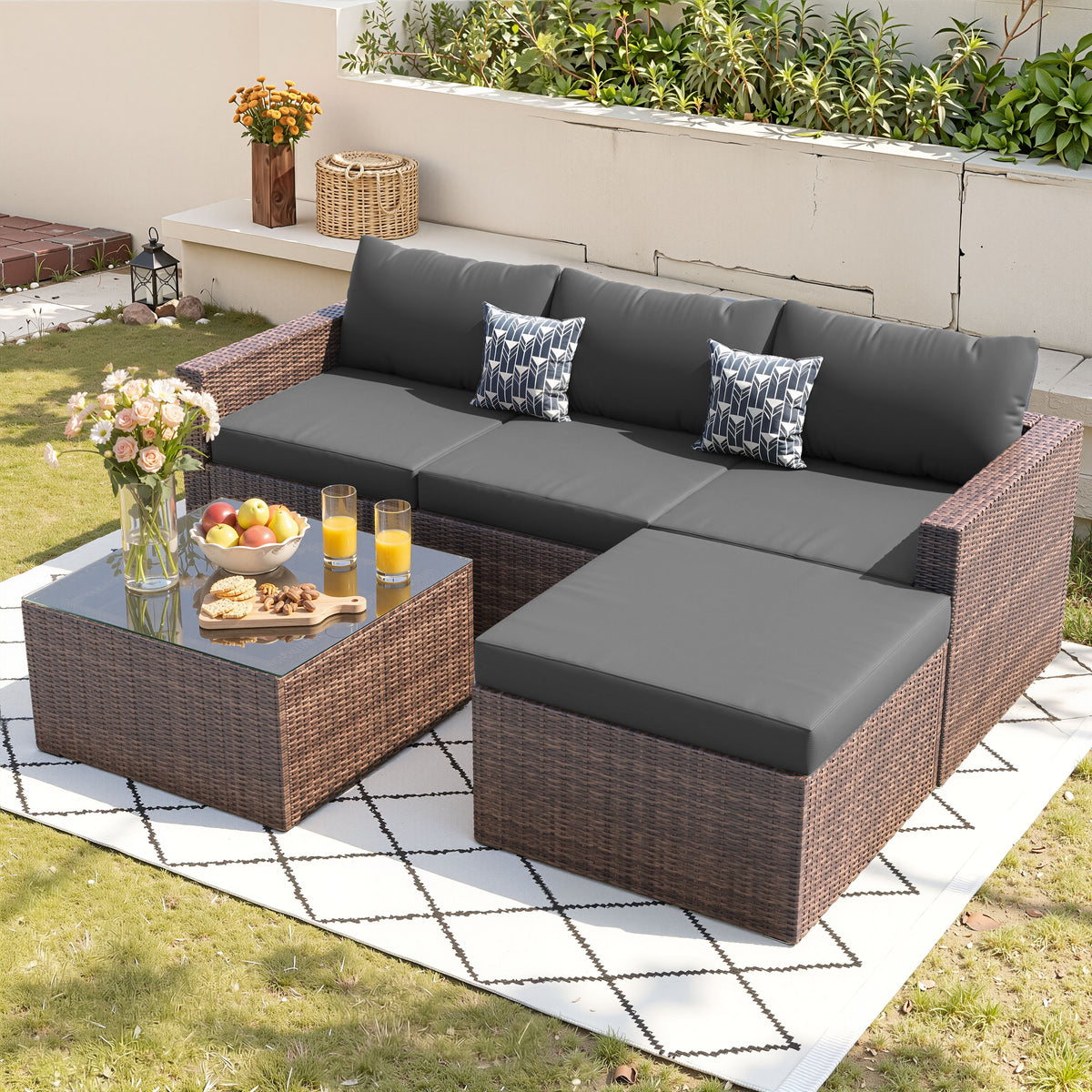 UDPATIO 5 Piece L Shaped Outdoor Couch, Small Space Patio Furniture Set, Grey