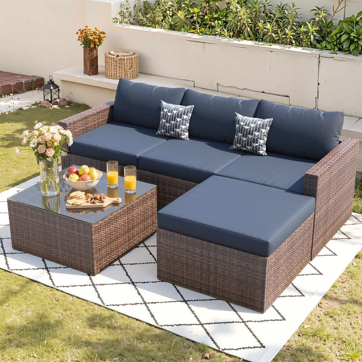 UDPATIO 5 Piece L Shaped Outdoor Couch, Small Space Patio Furniture Set, Navy Blue