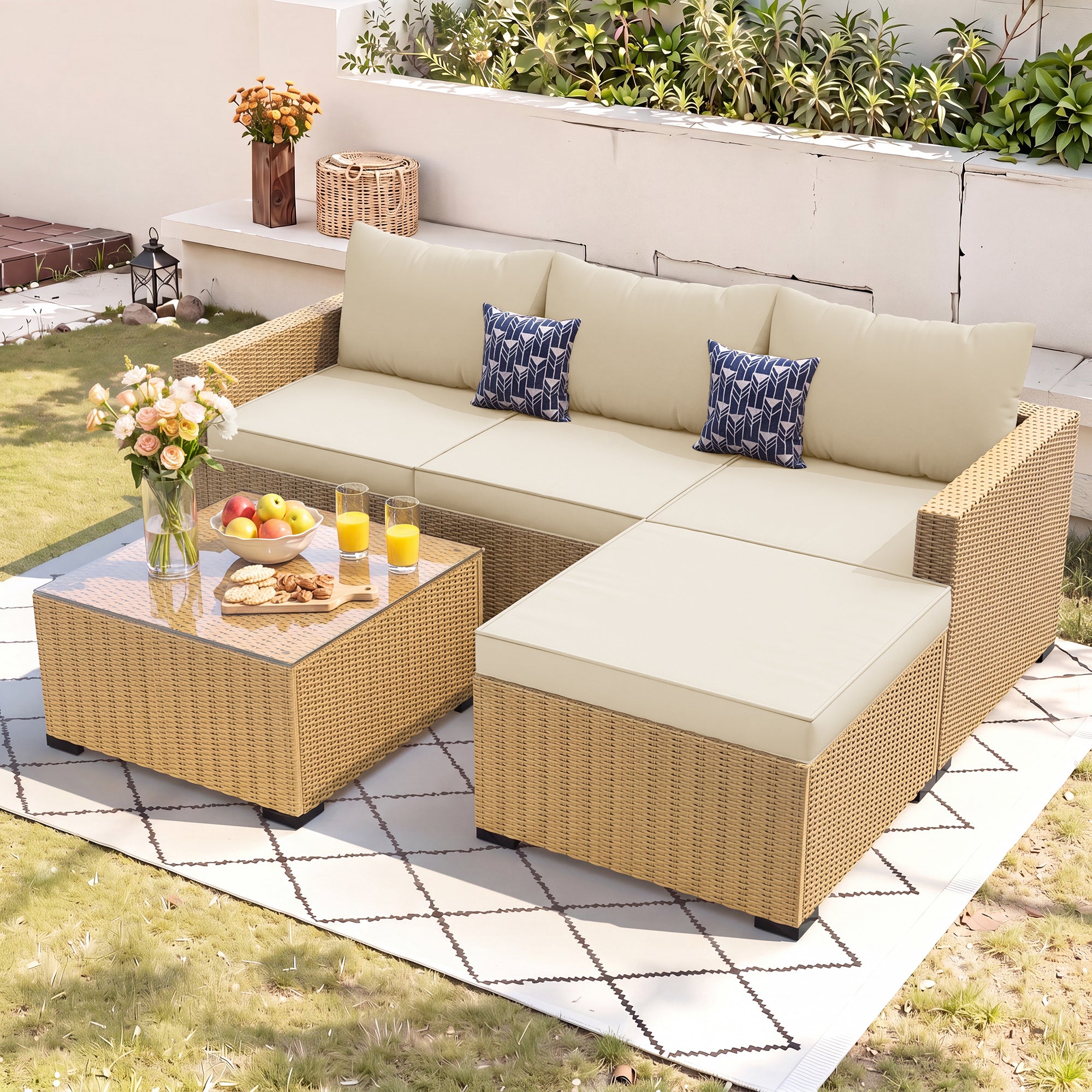 UDPATIO 5 Piece L Shaped Outdoor Couch, Small Space Patio Furniture Set,Beige