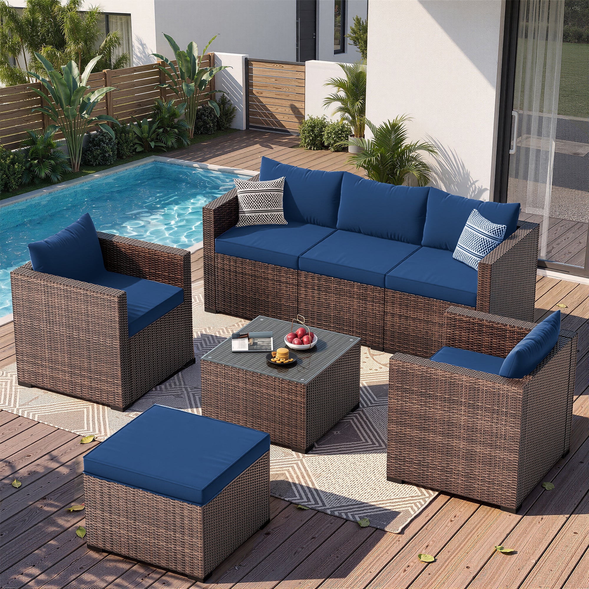 UDPATIO 7 Piece Patio Furniture Set, Outdoor Sectional Sofa, Navy Blue