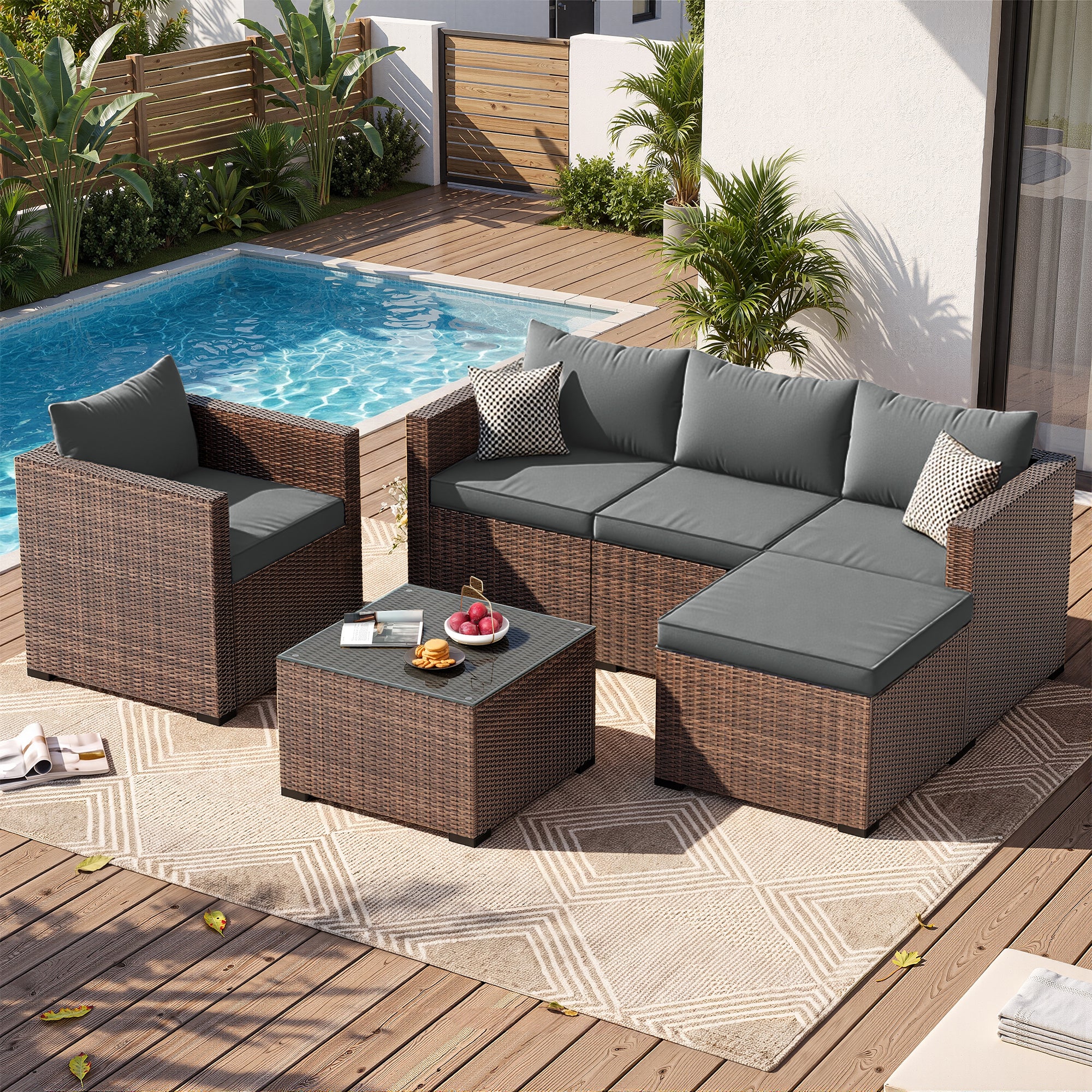 UDPATIO 6 Piece L Shaped Outdoor Couch, Patio Furniture Set, Grey