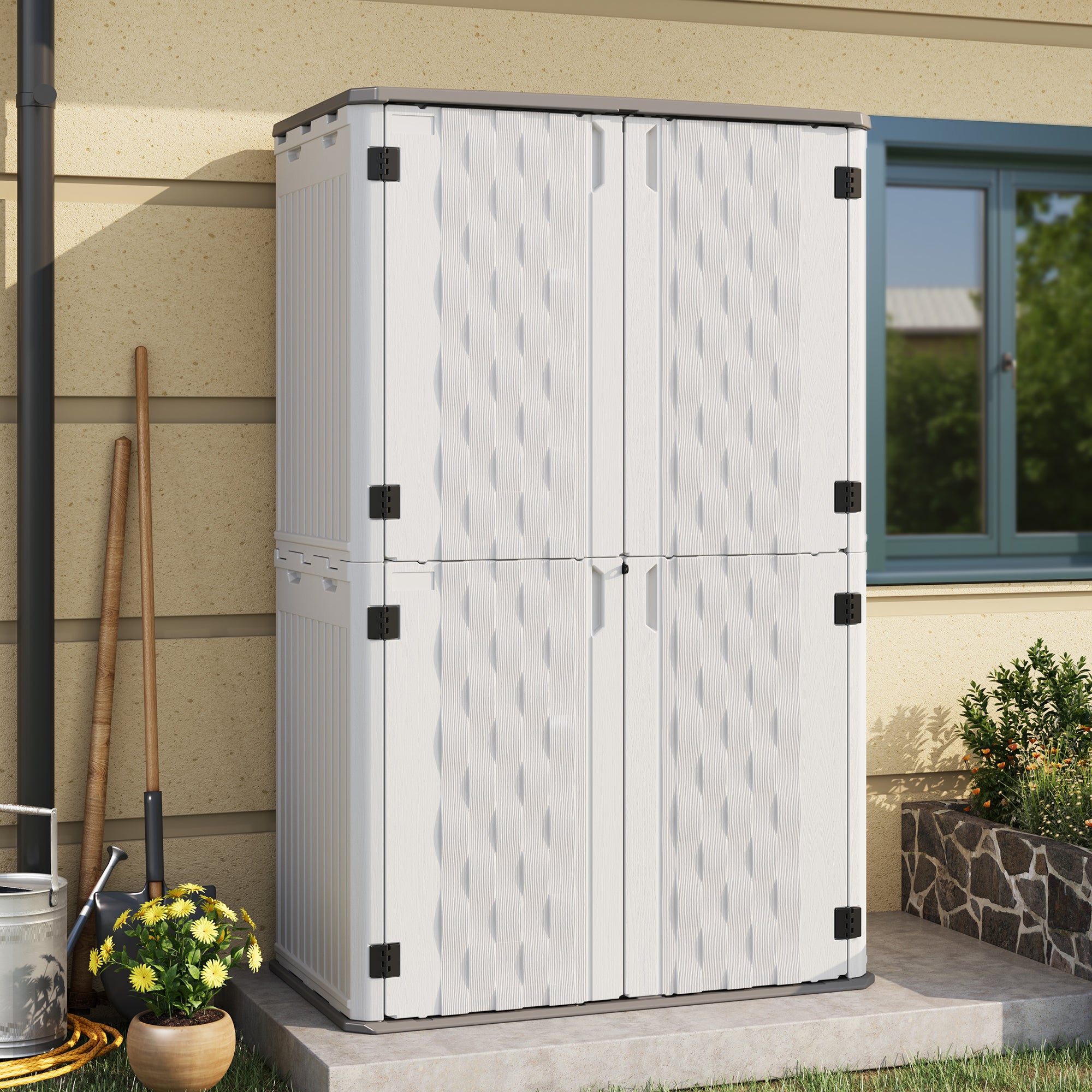 UDPATl0 67 Cu.Ft Outdoor Storage Shed, Vertical Plastic Cabinet Waterproof Sheds with Floor Included for Pool, Backyards, Garden Shed