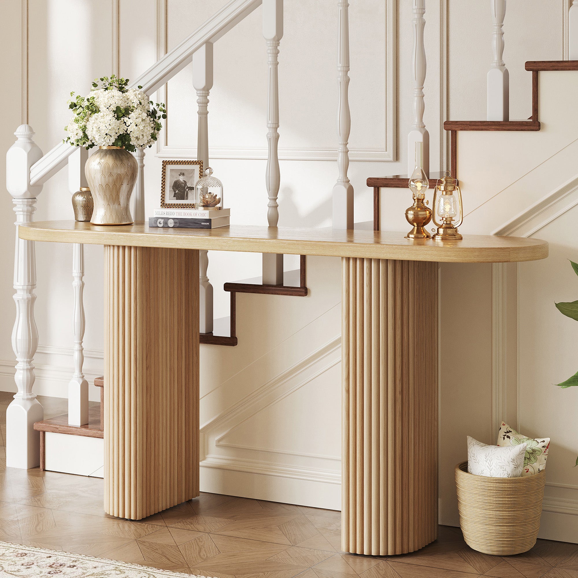 GRANKASA 60.2 Inch Oval Solid Wood Console Table, Oak TV Stand with Natural Walnut Finish & Vertical Striped Legs - Mid-Century Modern Sofa Table for Living Room Natural Wood