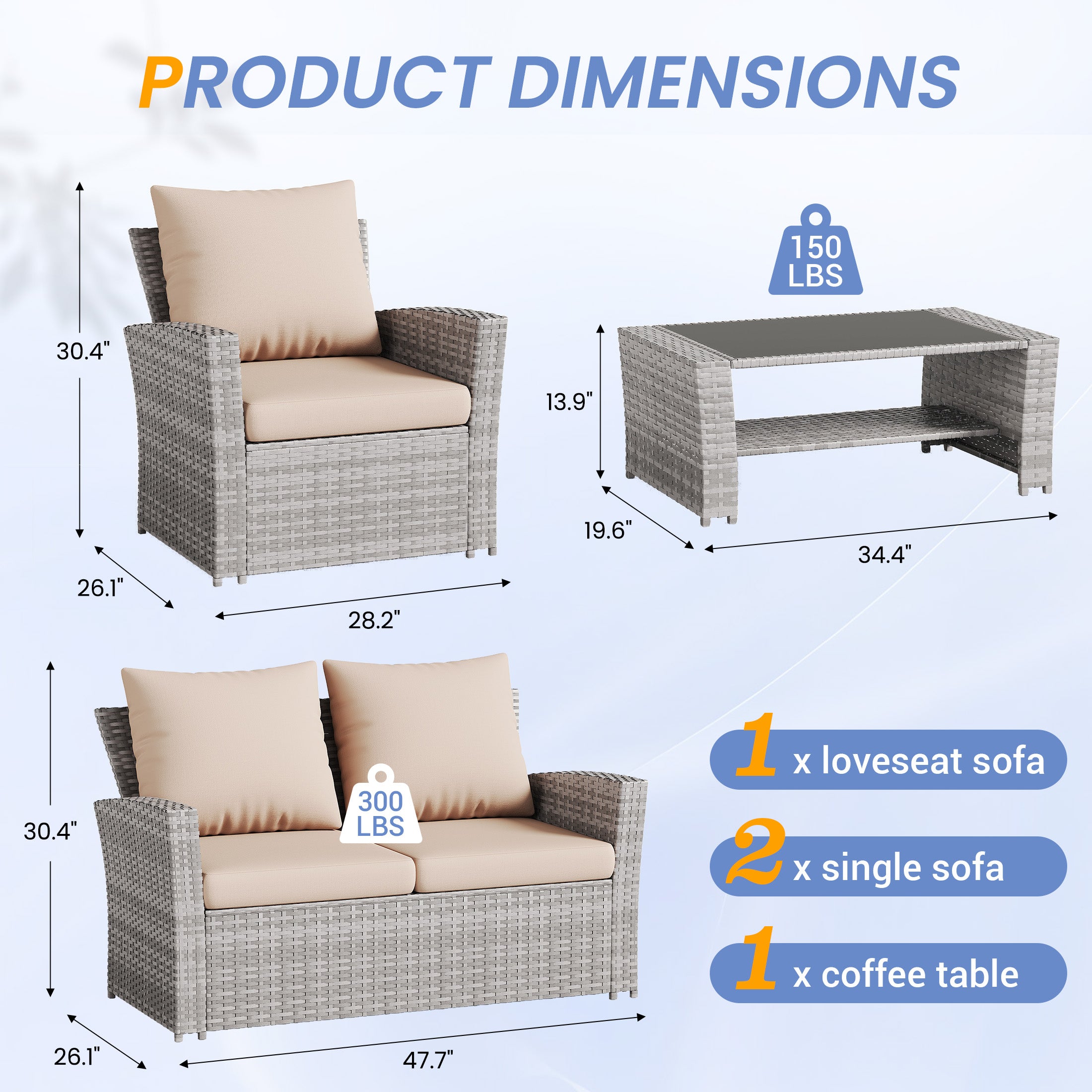 UDPATIO Wicker Patio Furniture Set, 4 Piece Outdoor Sectional Conversation Sets, Gray PE Rattan Patio Sofa Set for Balcony, Porch, Backyard, Khaki
