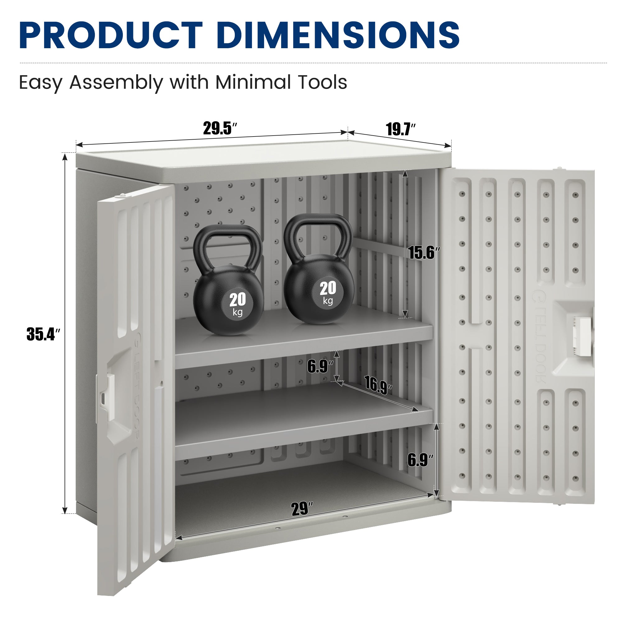 UDPATIO Resin Outdoor Storage Cabinet, Lockable Garage Cabinet with Two Shelves, 30"W x 20"D x 35"H Grey, Perfect for Patio, Garden, Kitchen and Home Office Organization, Grey