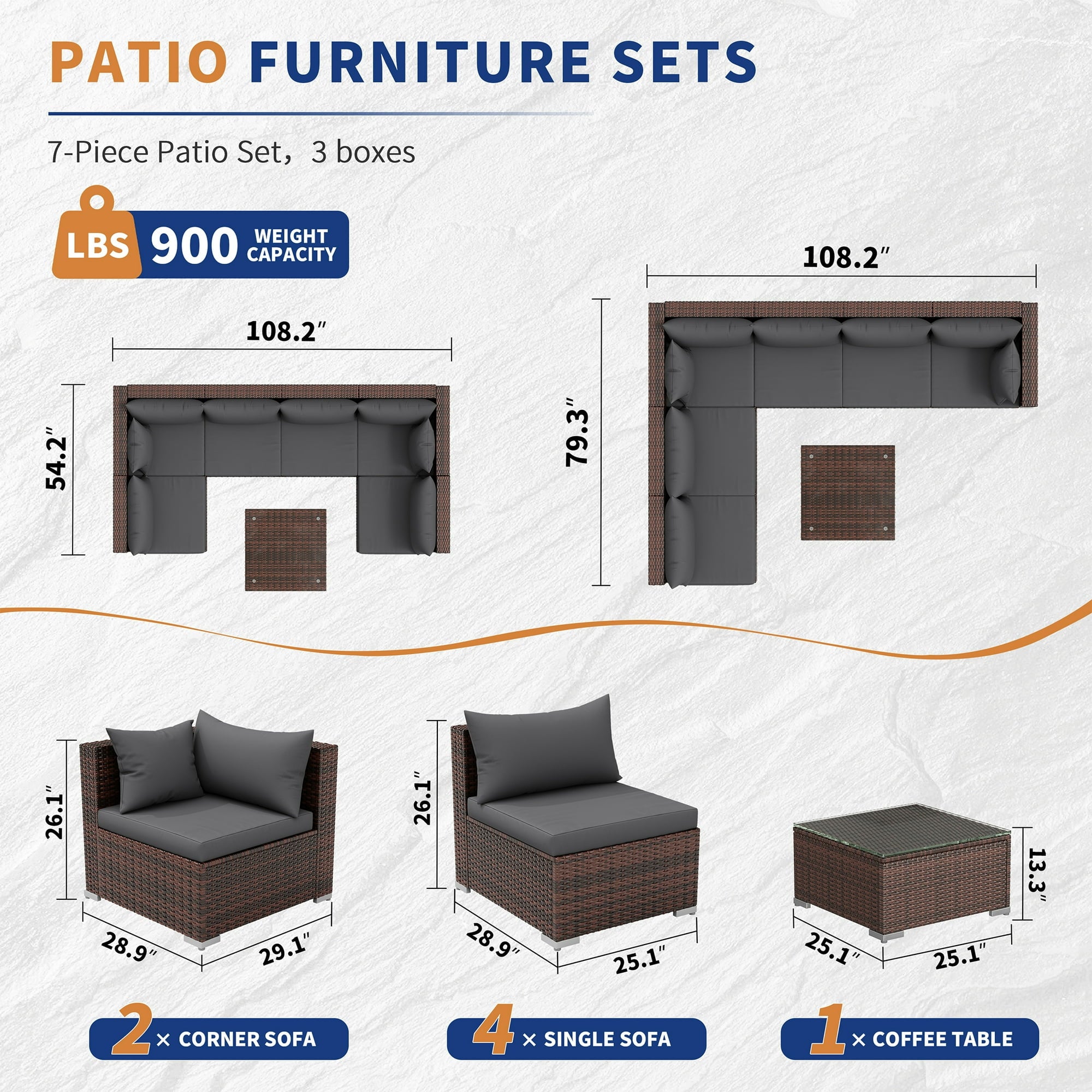 UDPATIO 7-Piece Rattan Outdoor Conversation Set with Glass Coffee Table, Grey