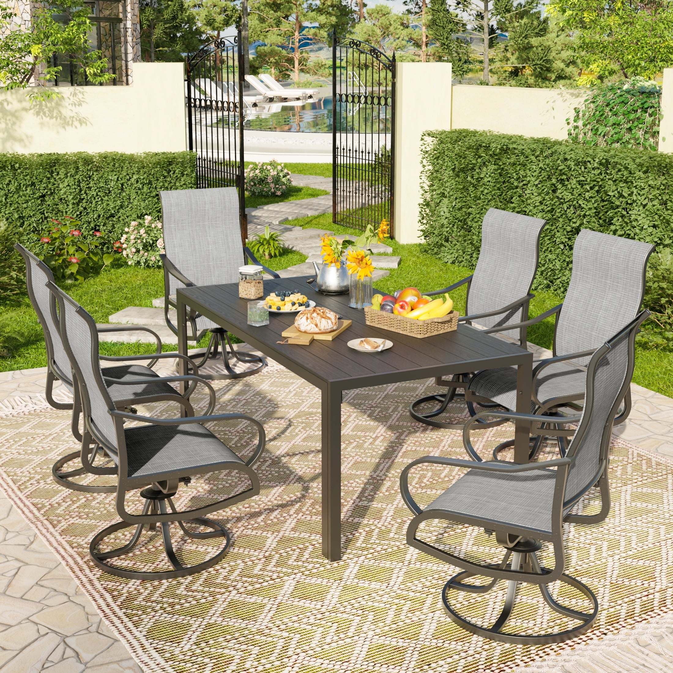 UDPATIO 7-Piece Outdoor Dining Set with High-Back Swivel Chairs & Iron Rectangle Table for 6-Person, Black & Light Gray