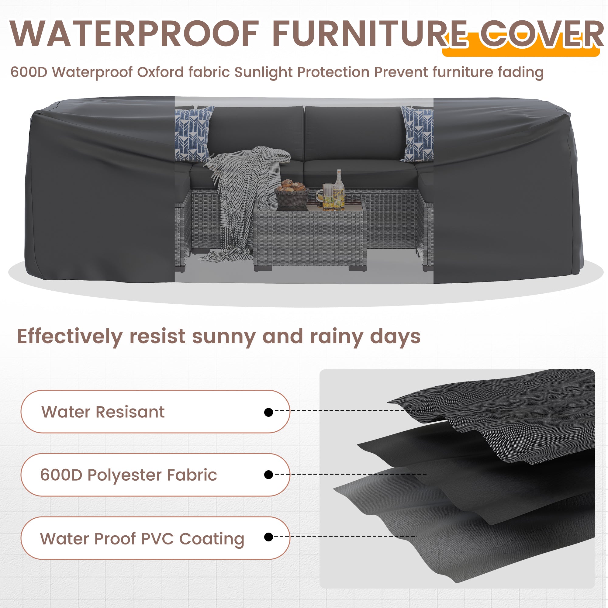 UDPATIO Patio Furniture Set with Fire Pit Table, 8 Pieces Outdoor Sectional Sofa, PE Wicker Patio Conversation Set for Garden, Backyard (Black Cushions with Grey Rattan)
