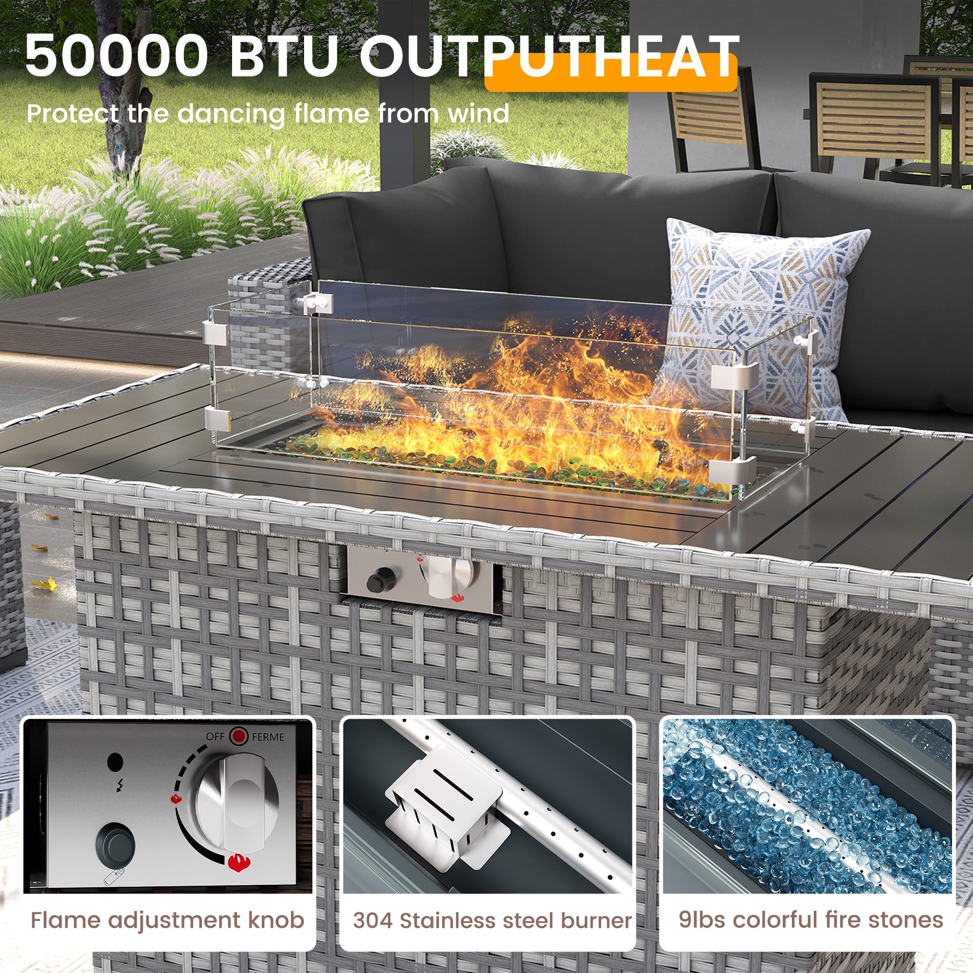 UDPATIO Patio Furniture Set with Fire Pit Table, 8 Pieces Outdoor Sectional Sofa, PE Wicker Patio Conversation Set for Garden, Backyard (Black Cushions with Grey Rattan)