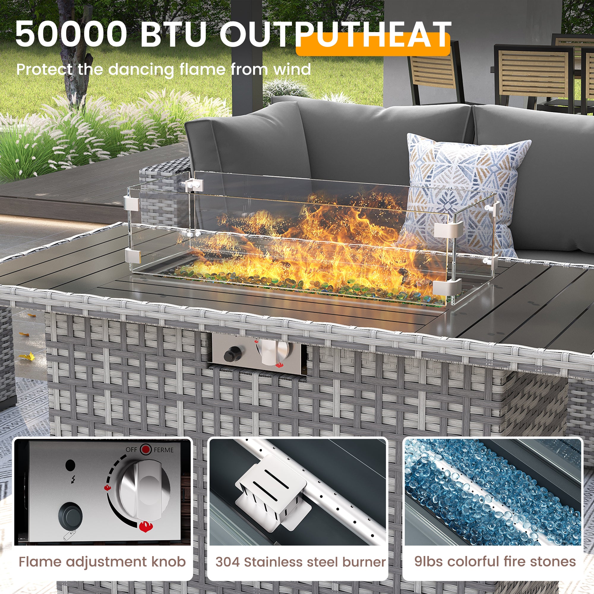 UDPATIO Patio Furniture Set with Fire Pit Table, 8 Pieces Outdoor Sectional Sofa, PE Wicker Patio Conversation Set for Garden, Backyard (Grey Cushions with Grey Rattan)