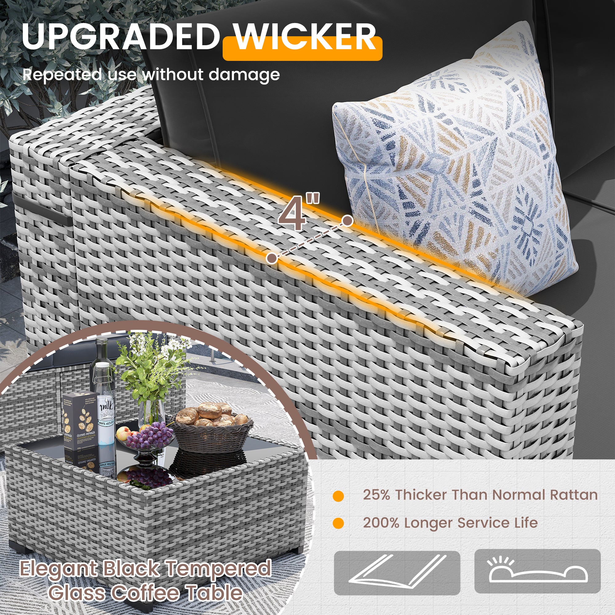 UDPATIO Patio Furniture Set with Fire Pit Table, 8 Pieces Outdoor Sectional Sofa, PE Wicker Patio Conversation Set for Garden, Backyard (Black Cushions with Grey Rattan)