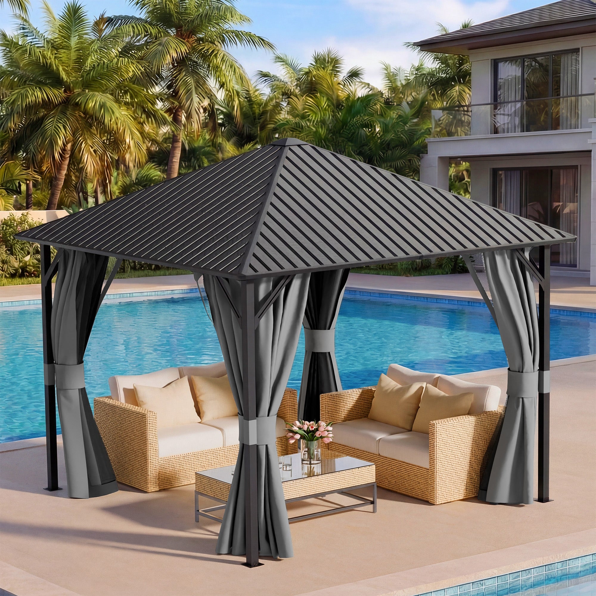 UDPATIO 10x10 Hardtop Gazebo, Metal Gazebo with Galvanized Steel Roof, Hard Top Patio Gazebos, Outdoor Permanent Gazebo with Mosquito Netting and Curtain for Backyard, Deck, Porch, Lawns, Garden, Gray