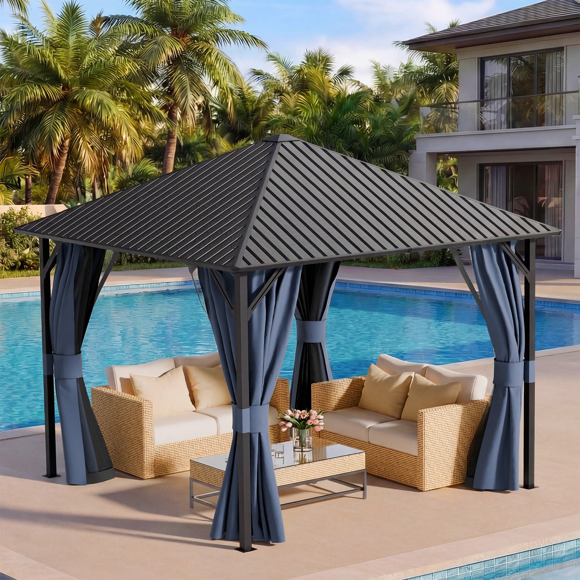 UDPATIO 10x10 Hardtop Gazebo, Metal Gazebo with Galvanized Steel Roof, Hard Top Patio Gazebos, Outdoor Permanent Gazebo with Mosquito Netting and Curtain for Backyard, Deck, Porch, Lawns, Navy Blue